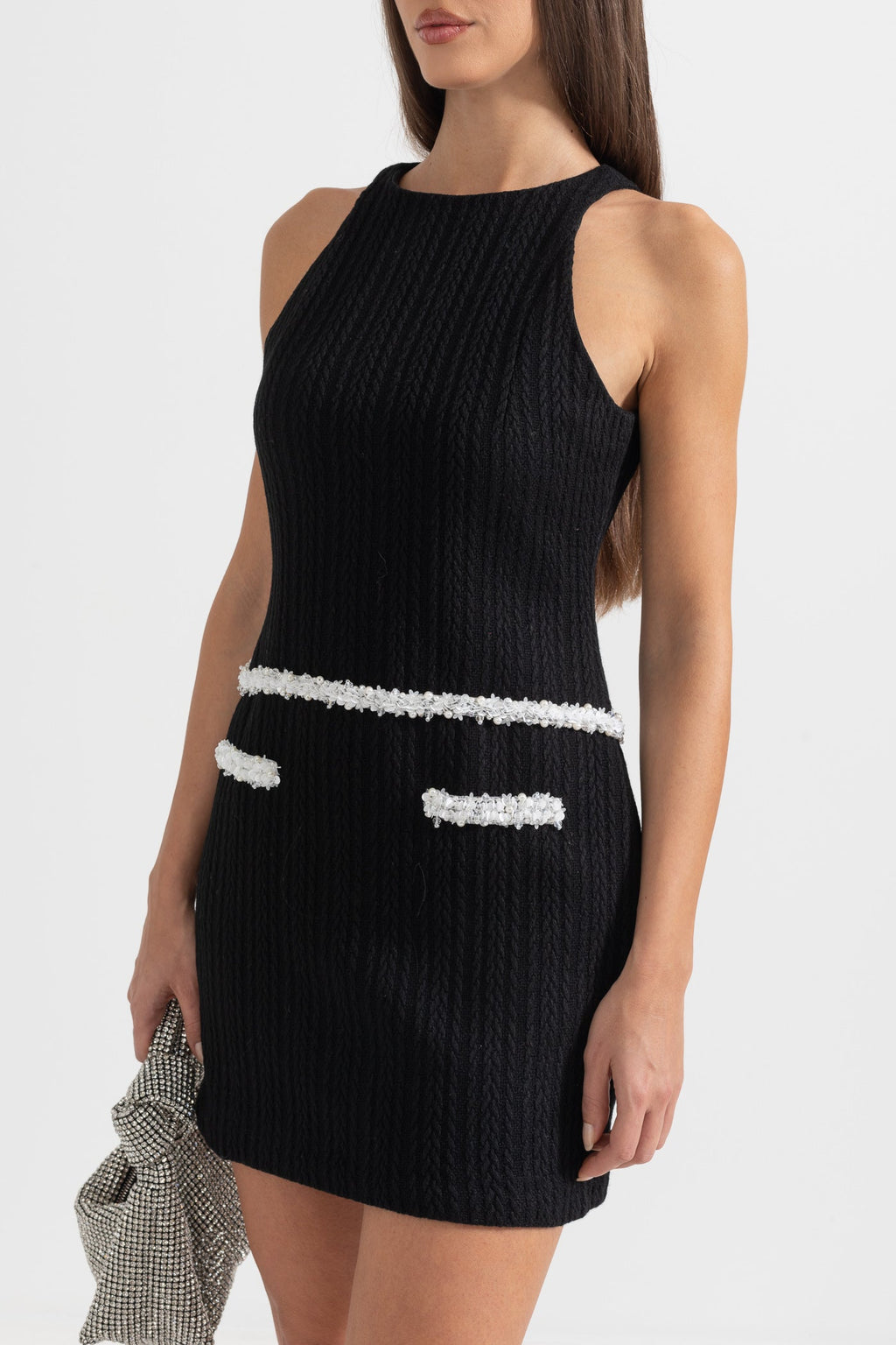 Zarif Kolsuz Dokulu Mini Elbise