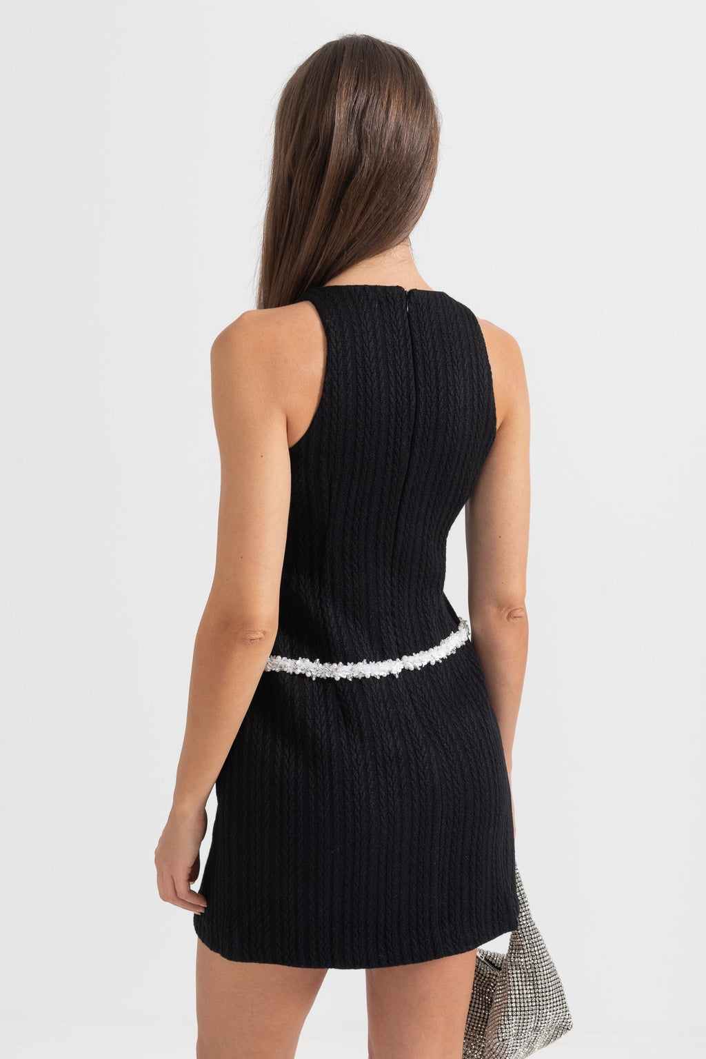 Zarif Kolsuz Dokulu Mini Elbise