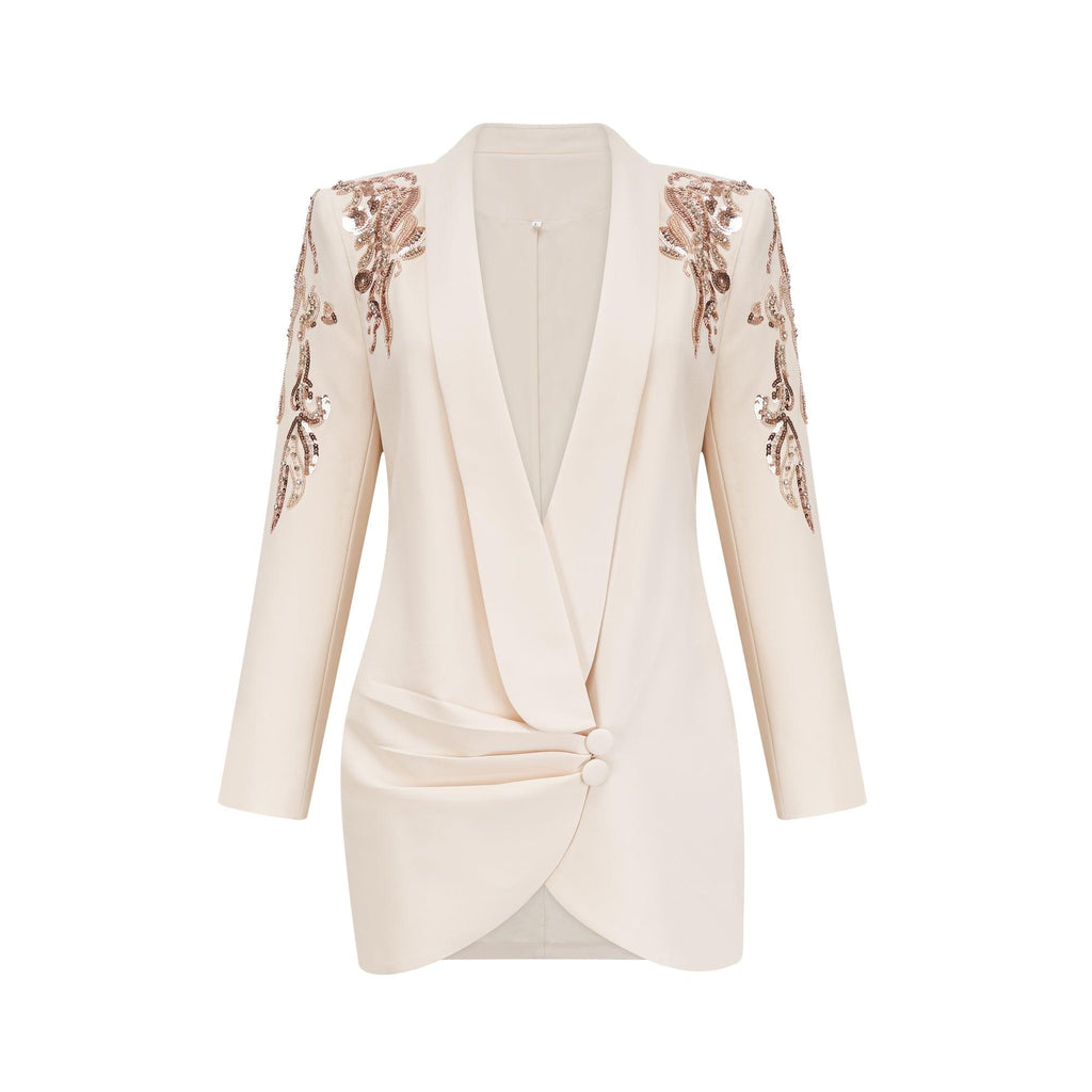 Opulent Grace İşlemeli Krem Blazer Elbise