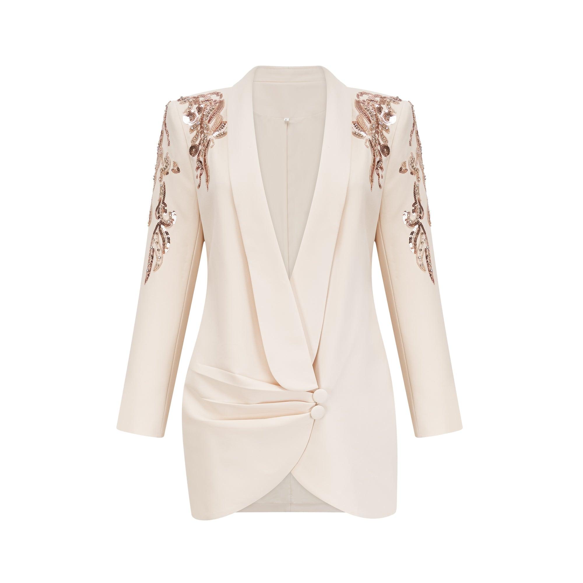 Opulent Grace İşlemeli Krem Blazer Elbise
