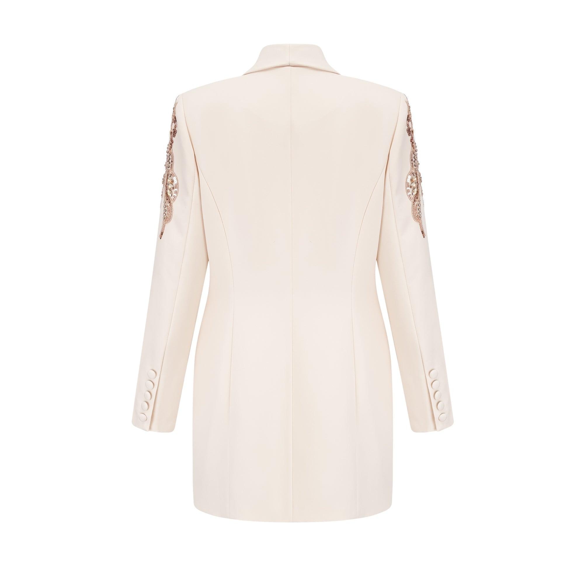 Opulent Grace İşlemeli Krem Blazer Elbise