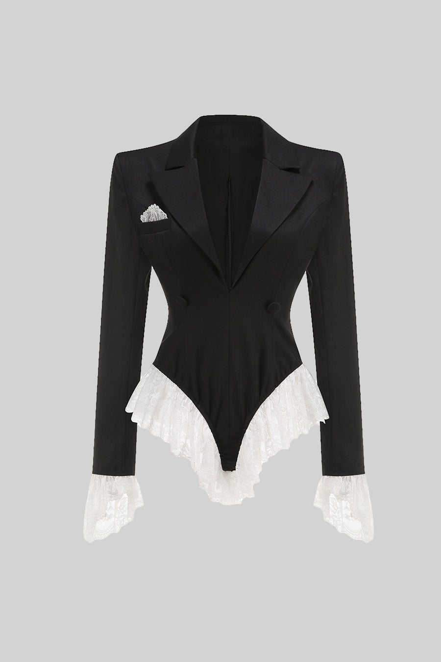 Beyaz Dantel Süslemeli Zarif Blazer Bodysuit