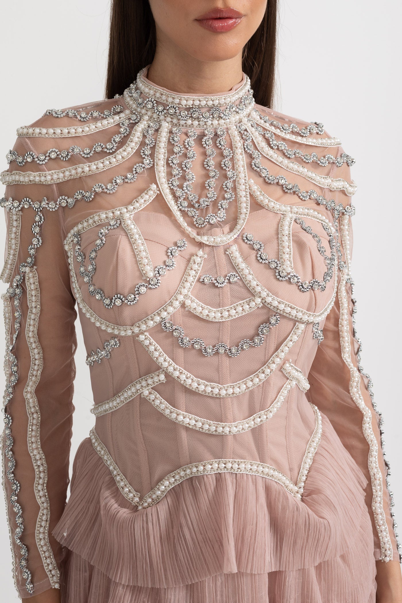 Uzun Kollu Fırfırlı Midi Elbise