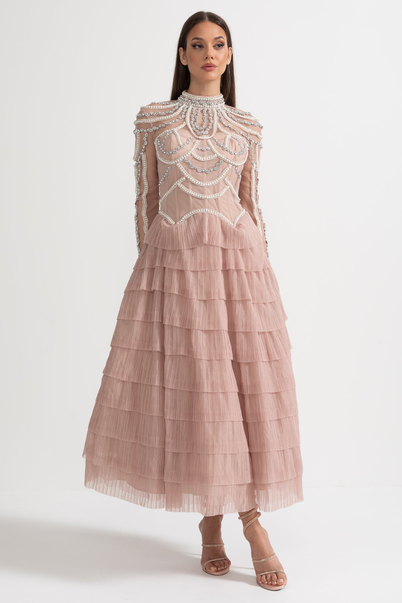 Uzun Kollu Fırfırlı Midi Elbise