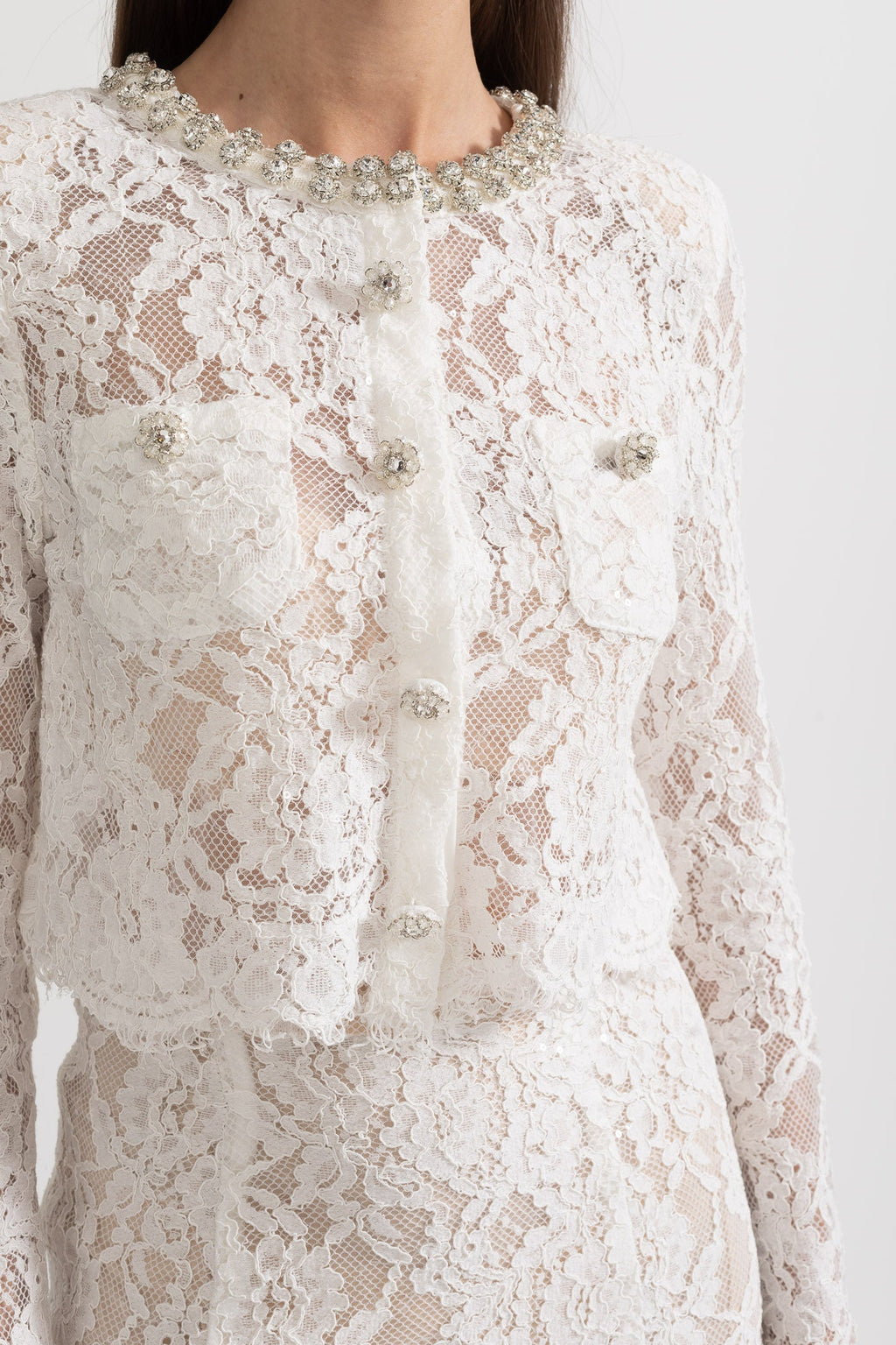 Işıltılı Yaka Süslemeli ve Midi Etekli Dantel Takımı