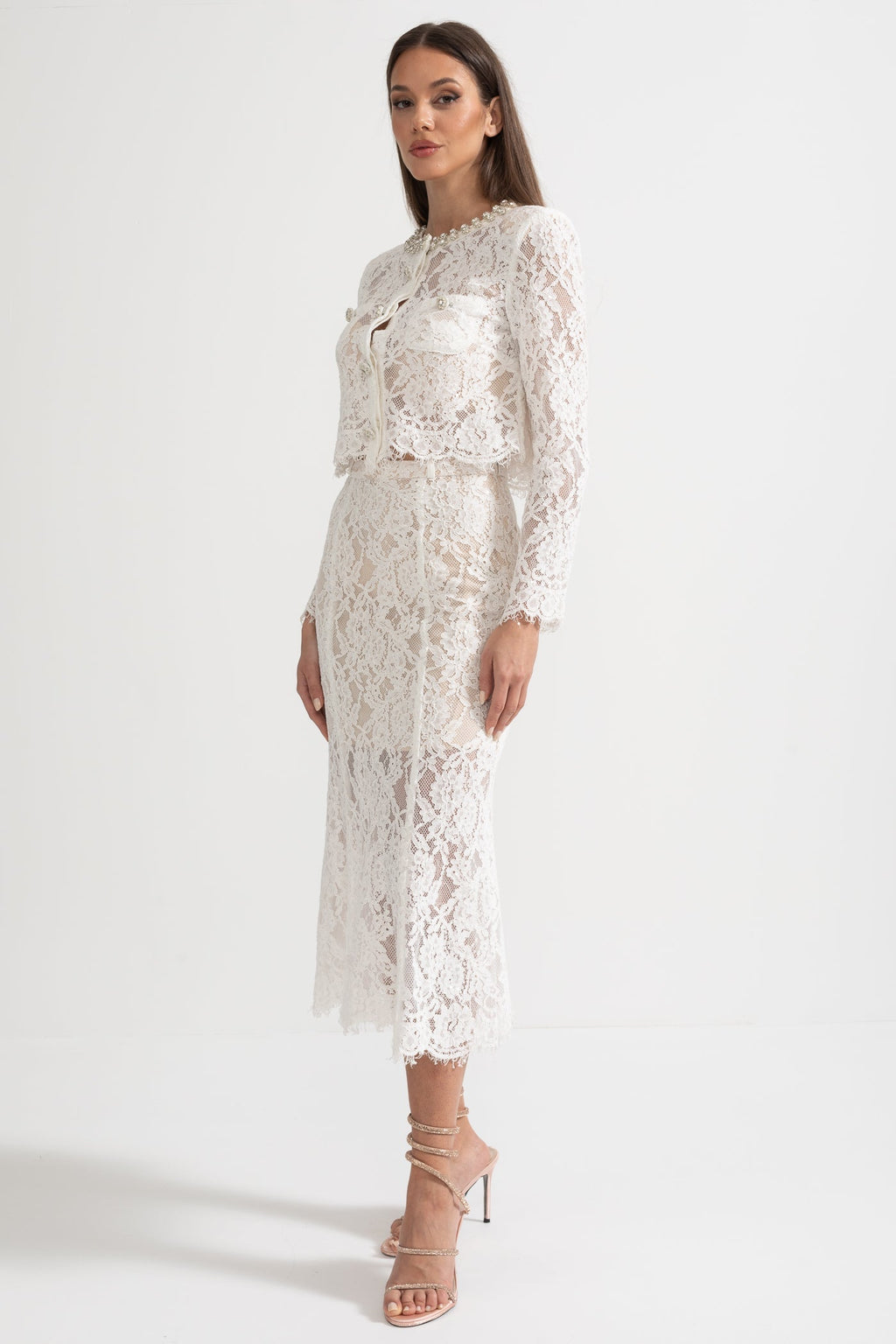 Işıltılı Yaka Süslemeli ve Midi Etekli Dantel Takımı