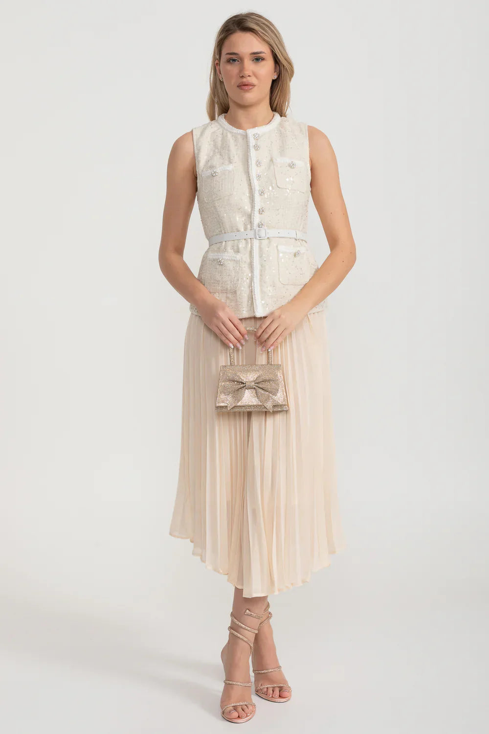 Önden Cepli ve Şeffaf Pileli Etekli Dokulu Co-Ord - Ivoire