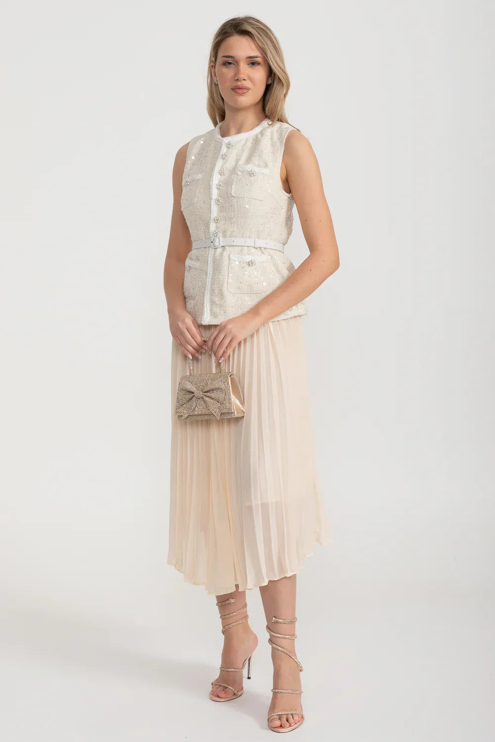 Önden Cepli ve Şeffaf Pileli Etekli Dokulu Co-Ord - Ivoire