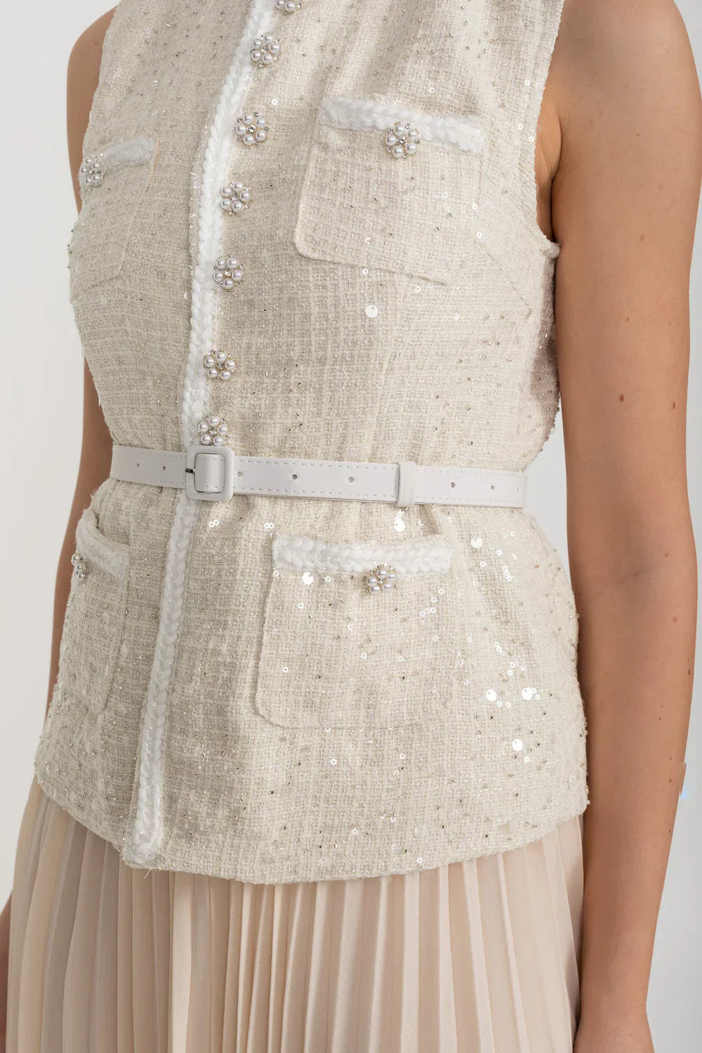 Önden Cepli ve Şeffaf Pileli Etekli Dokulu Co-Ord - Ivoire