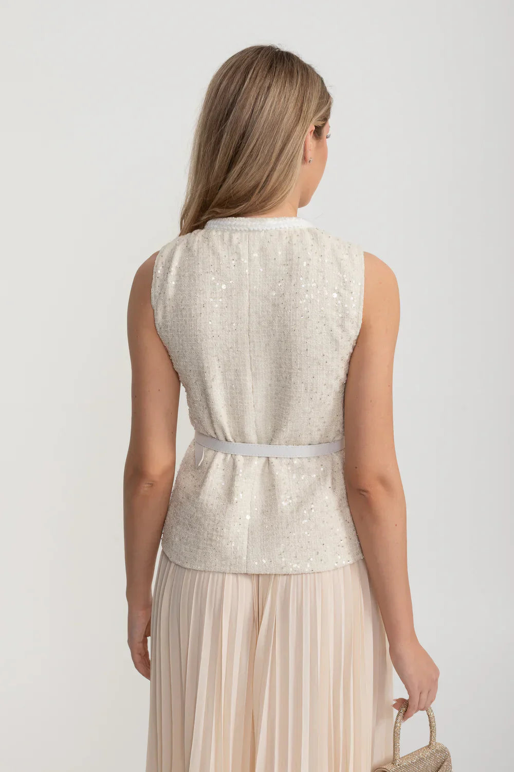 Önden Cepli ve Şeffaf Pileli Etekli Dokulu Co-Ord - Ivoire