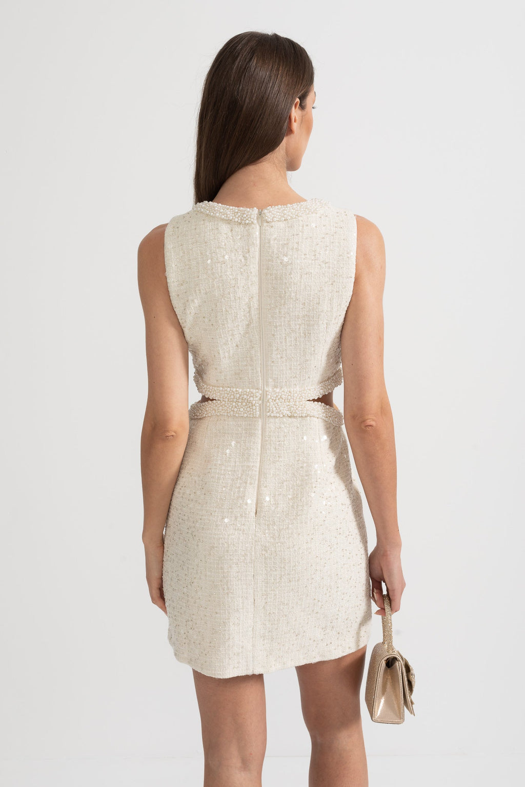 Bel Kesimli ve Fiyonklu Payetli Kolsuz Mini Elbise