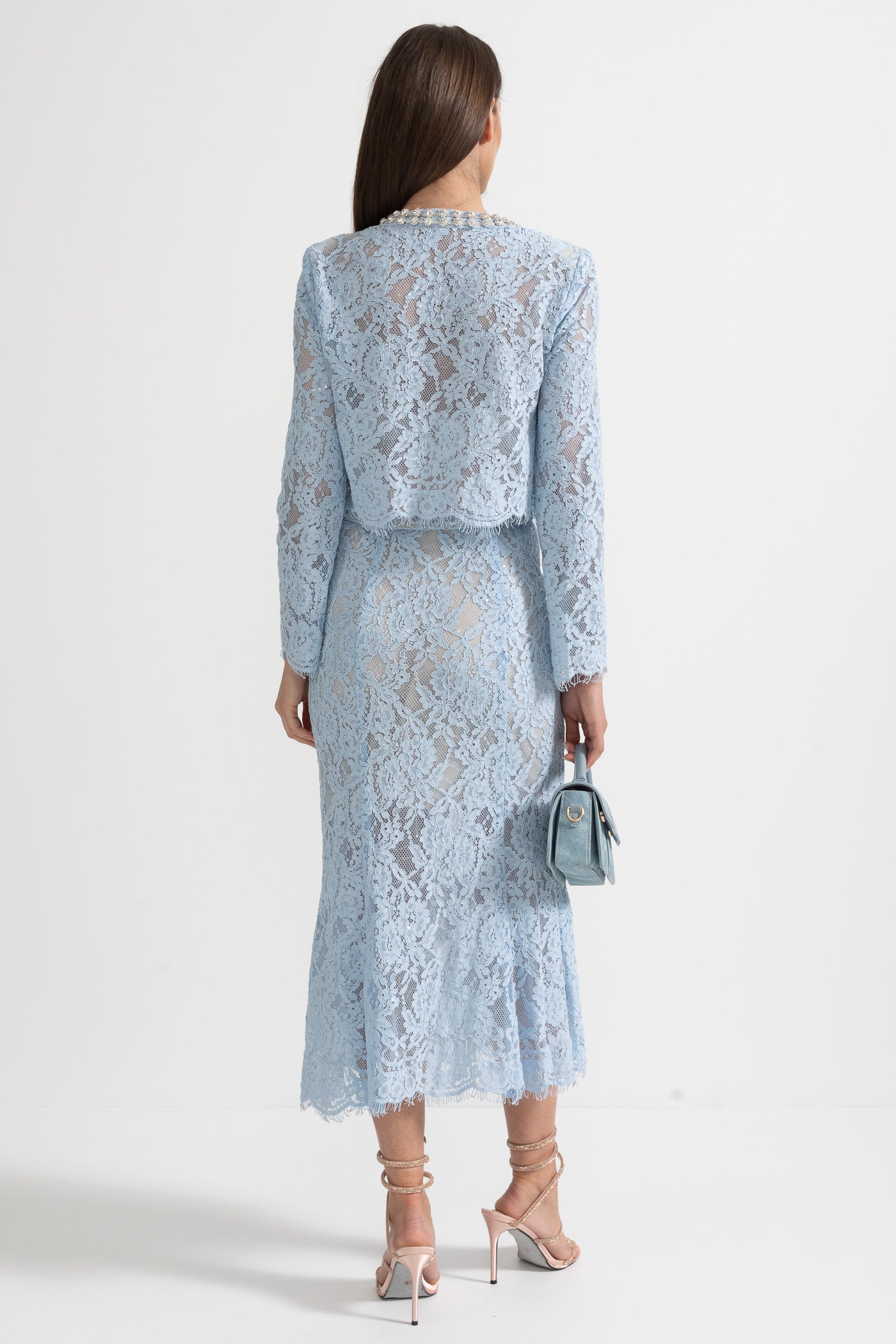 Işıltılı Yaka Süslemeli ve Midi Etekli Dantel Takımı