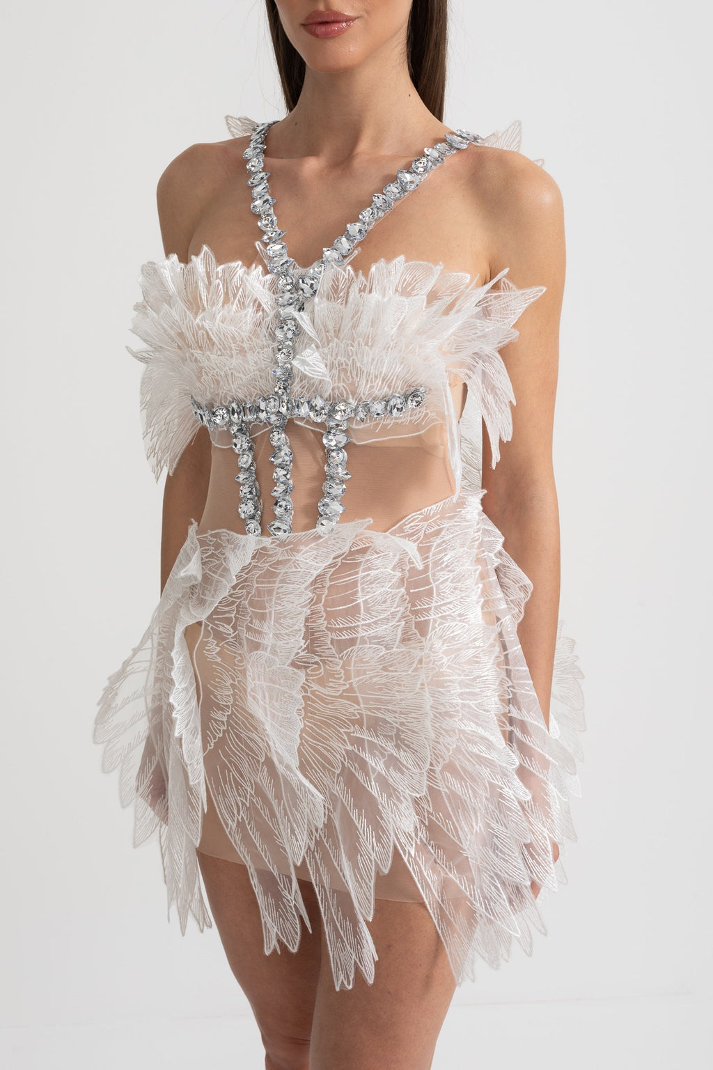 Tül Kanat Dokulu ve Kristal İşlemeli Büyüleyici Mini Elbise