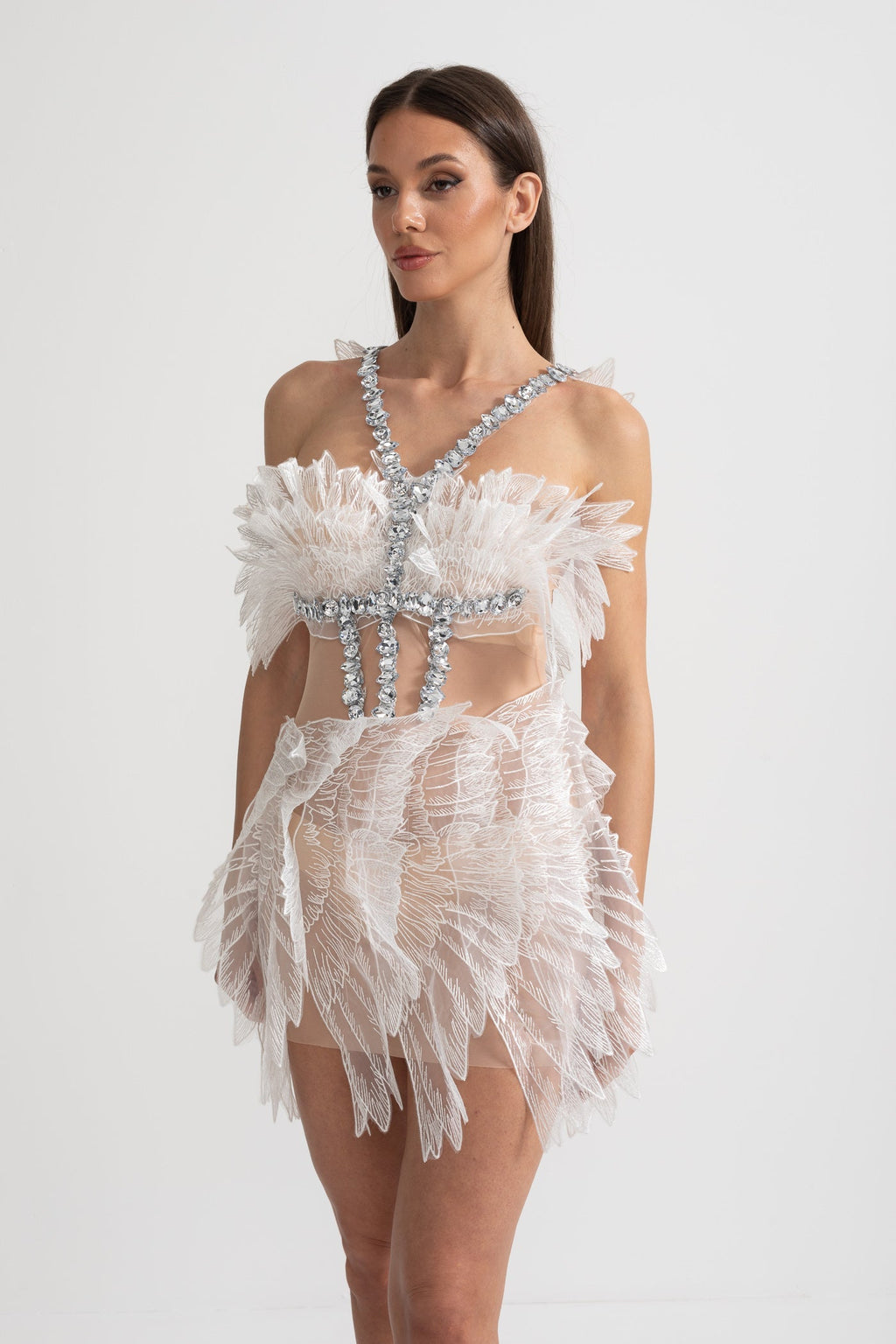 Tül Kanat Dokulu ve Kristal İşlemeli Büyüleyici Mini Elbise