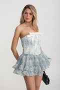Kat Kat Şeffaf Etekli ve Pastel Çiçek Desenli Zarif Korse Mini Elbise - Beyaz/Mavi