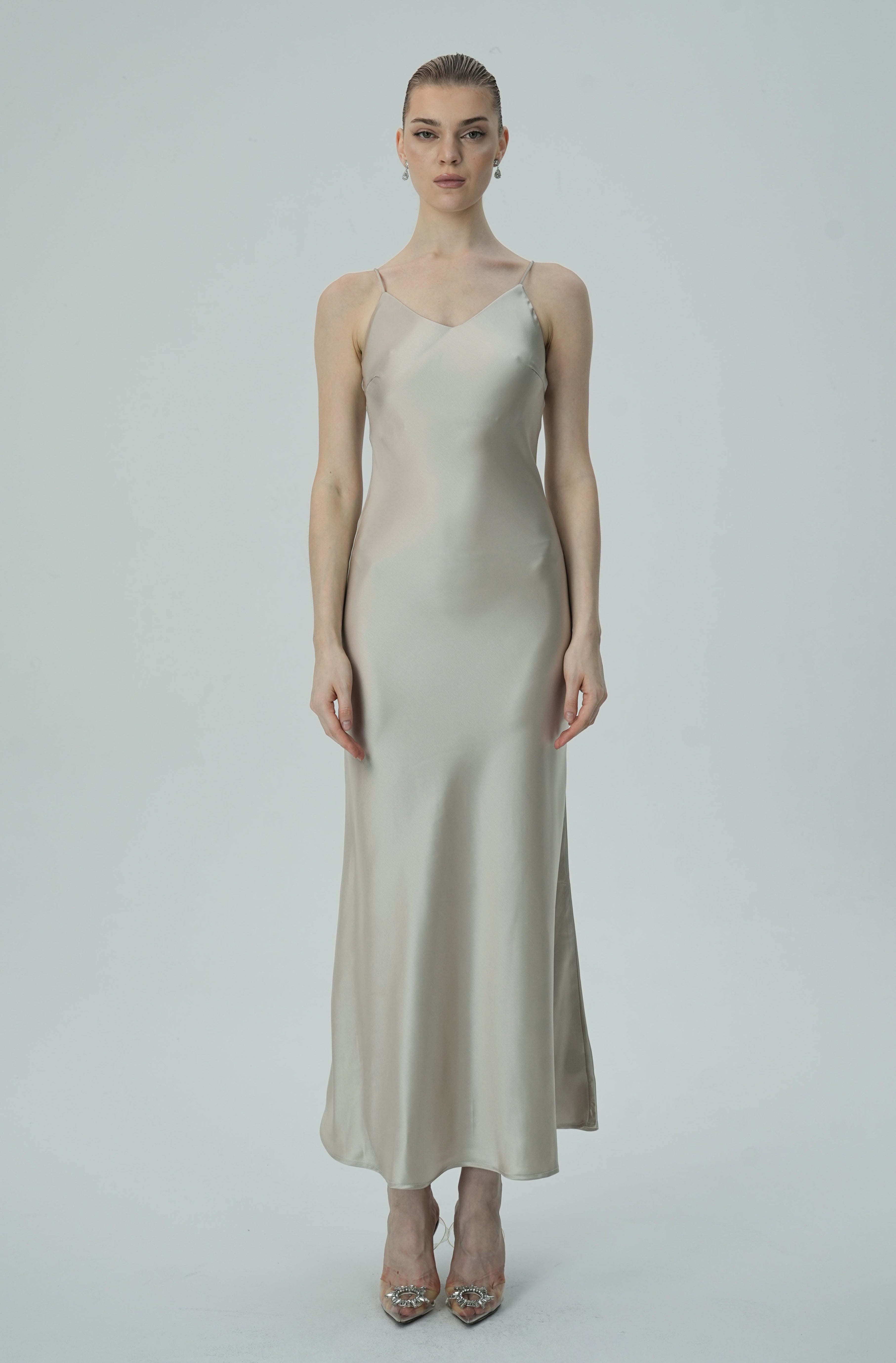 Bej  Askılı Saten Slip Elbise