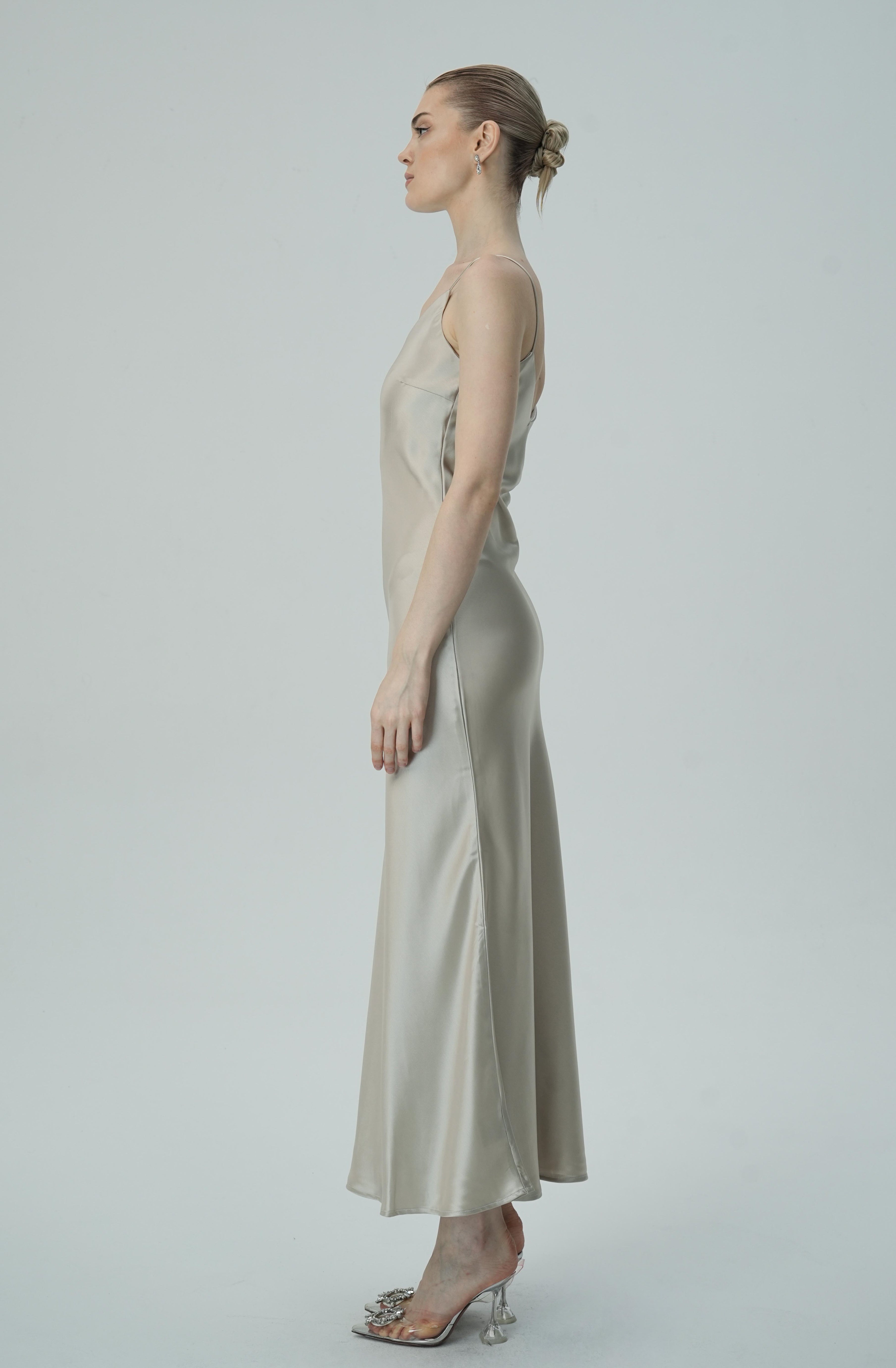 Bej  Askılı Saten Slip Elbise