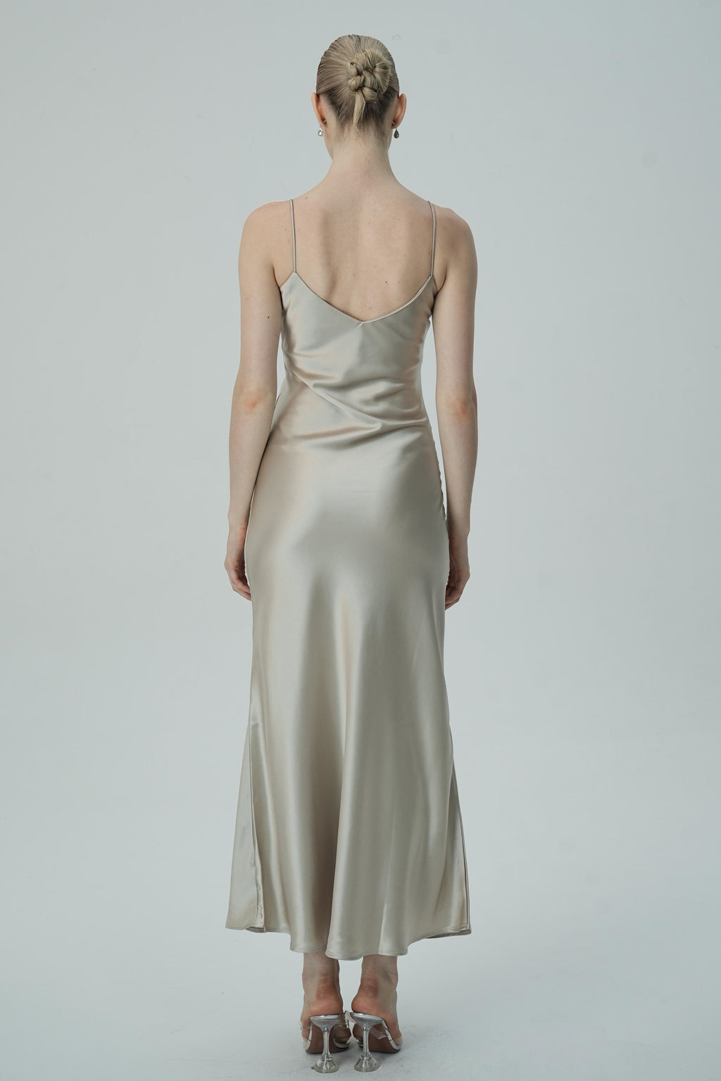 Bej  Askılı Saten Slip Elbise