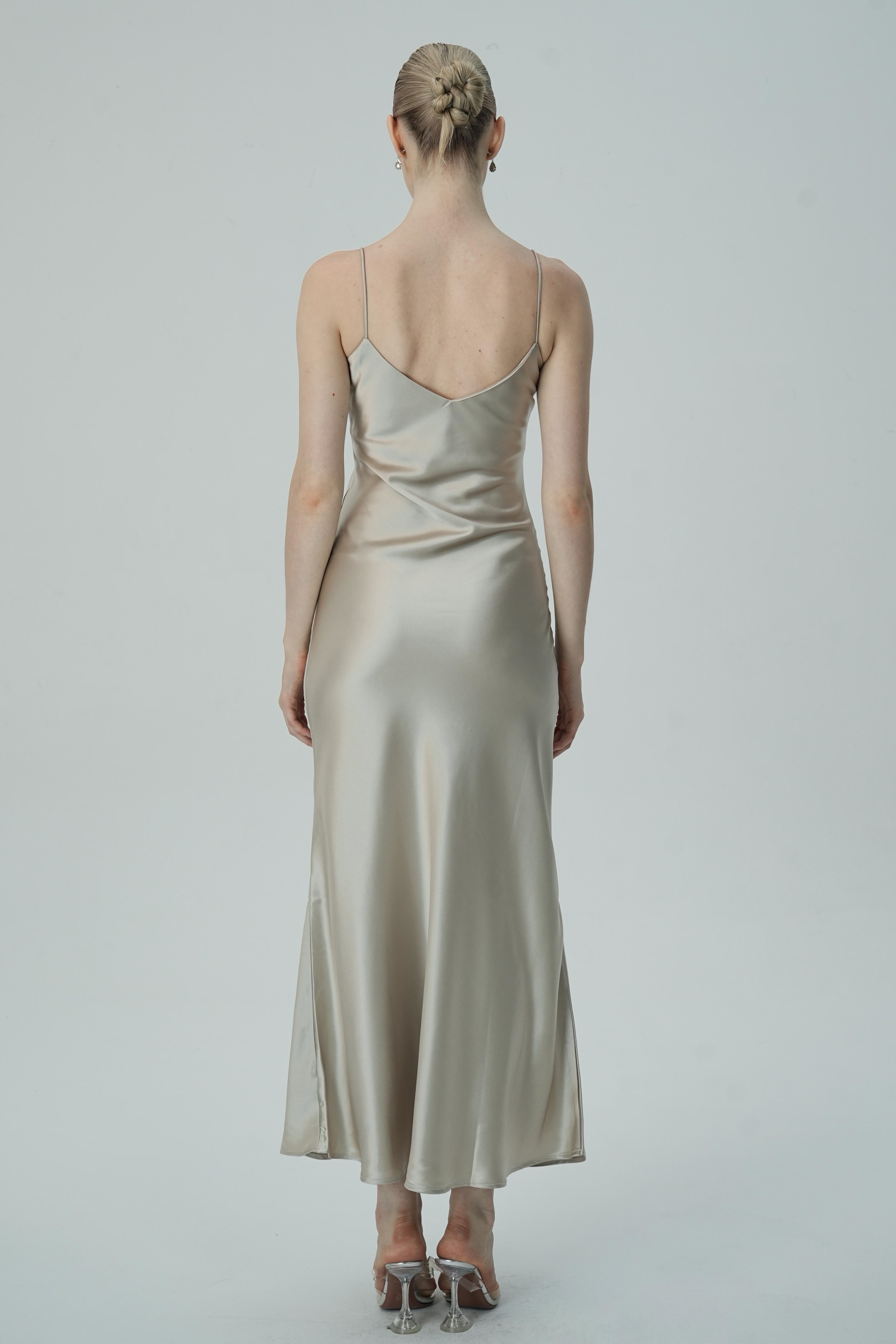 Bej  Askılı Saten Slip Elbise