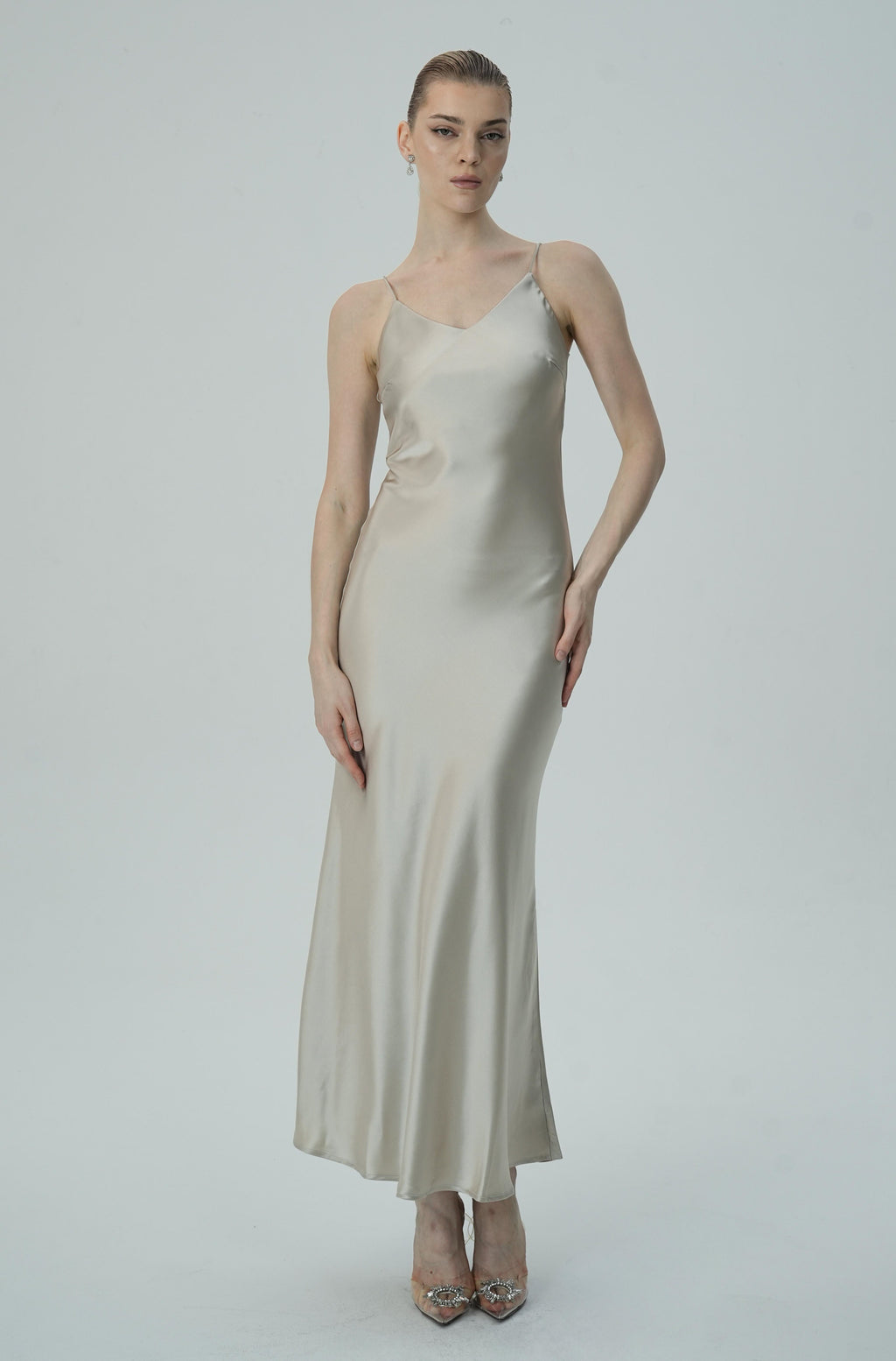 Bej  Askılı Saten Slip Elbise