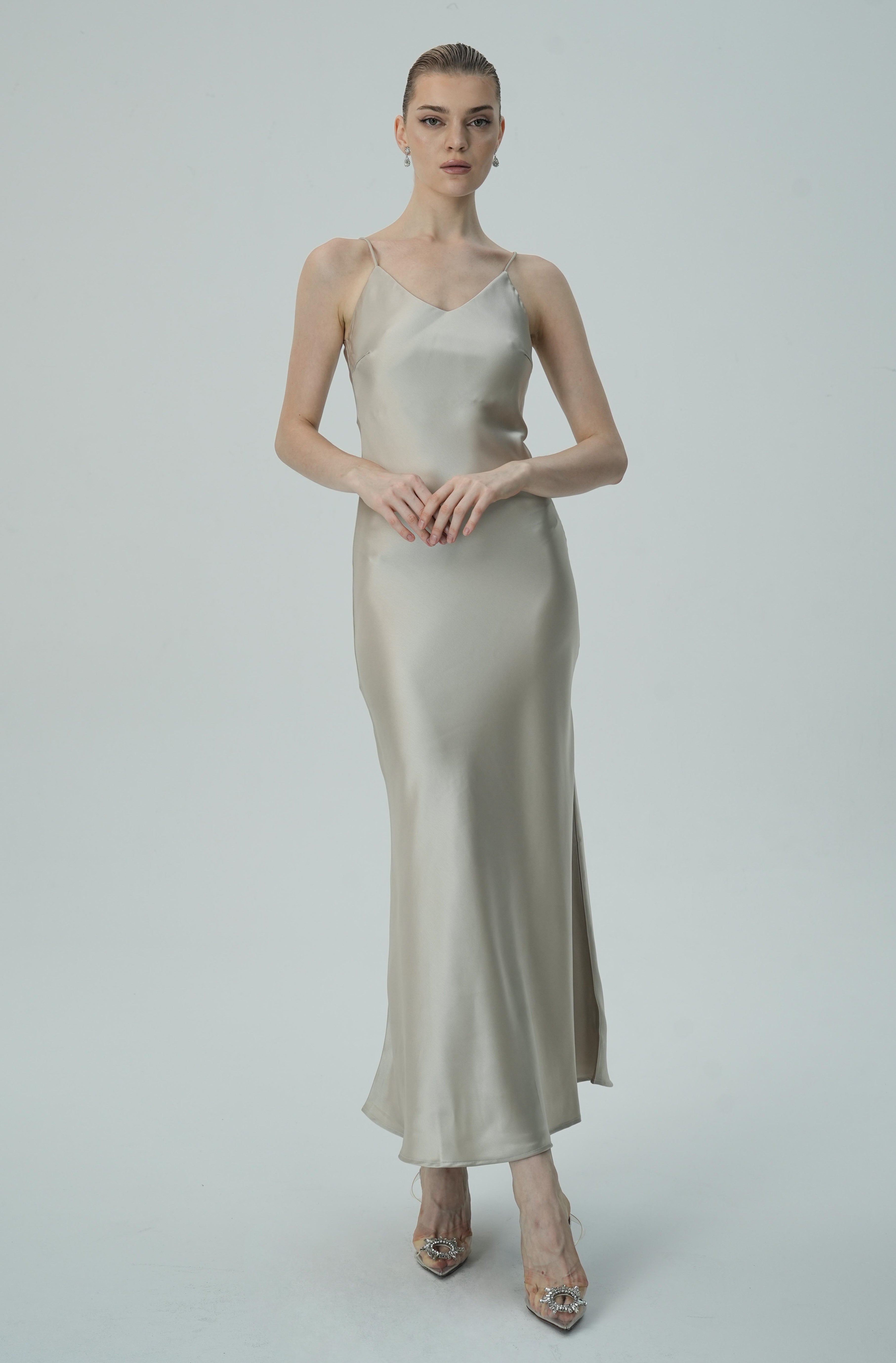Bej  Askılı Saten Slip Elbise