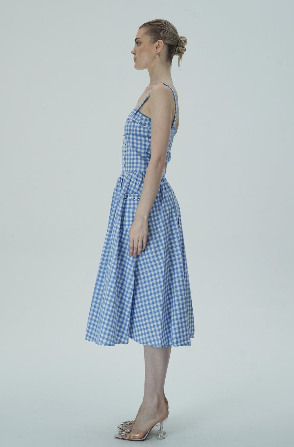 Bağcık Detaylı Mavi Pötikare Midi Elbise