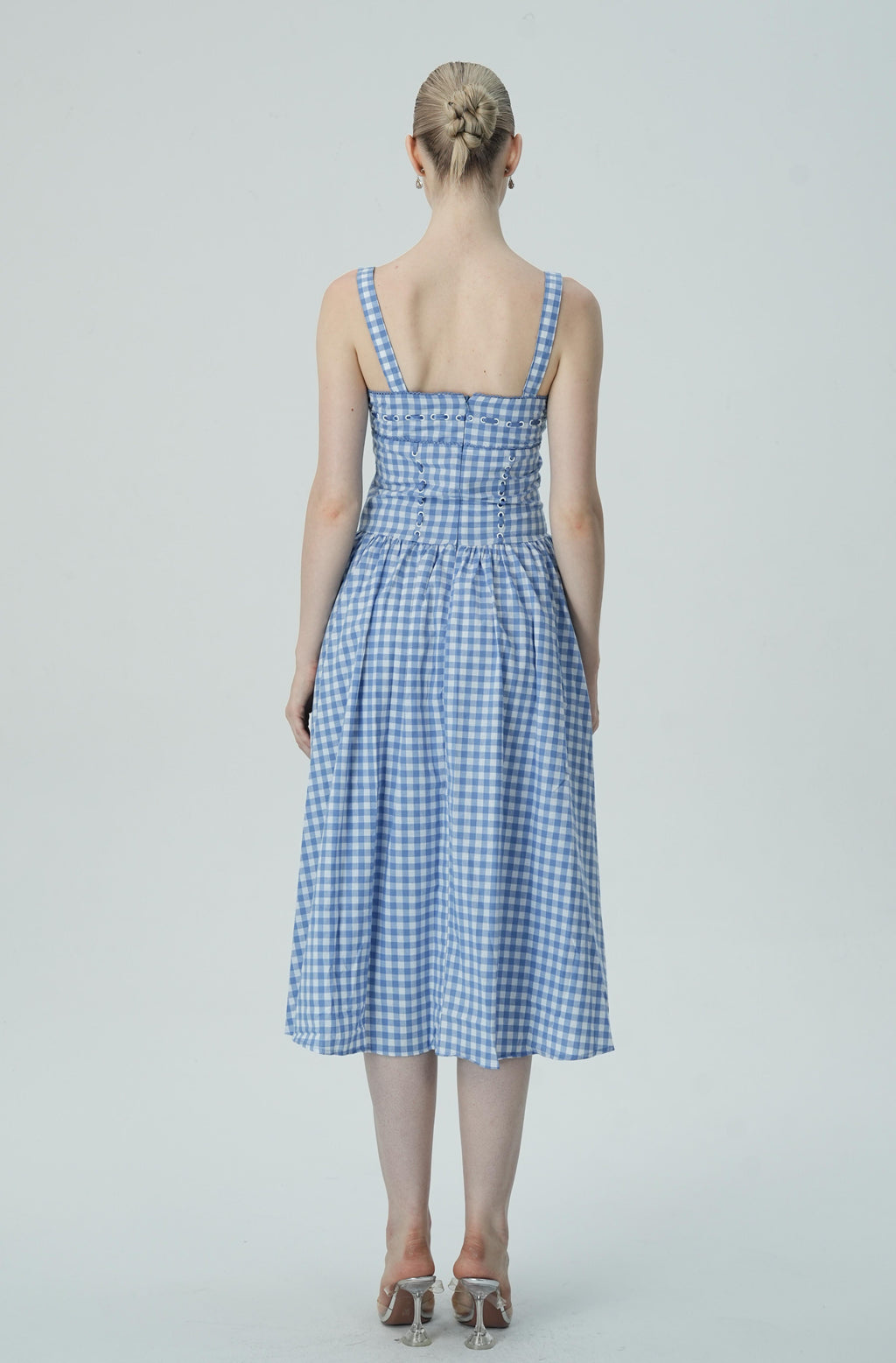 Bağcık Detaylı Mavi Pötikare Midi Elbise