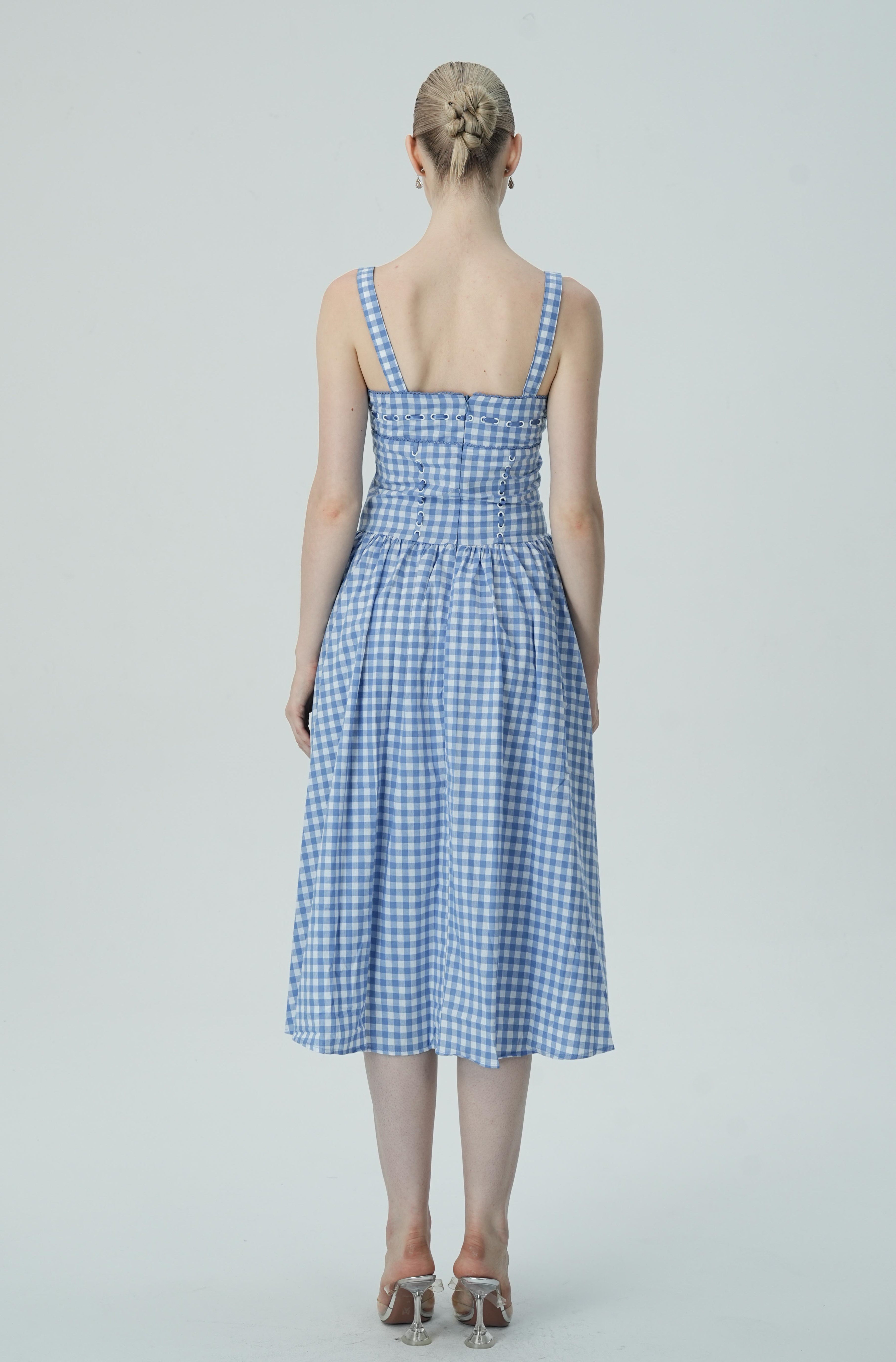 Bağcık Detaylı Mavi Pötikare Midi Elbise