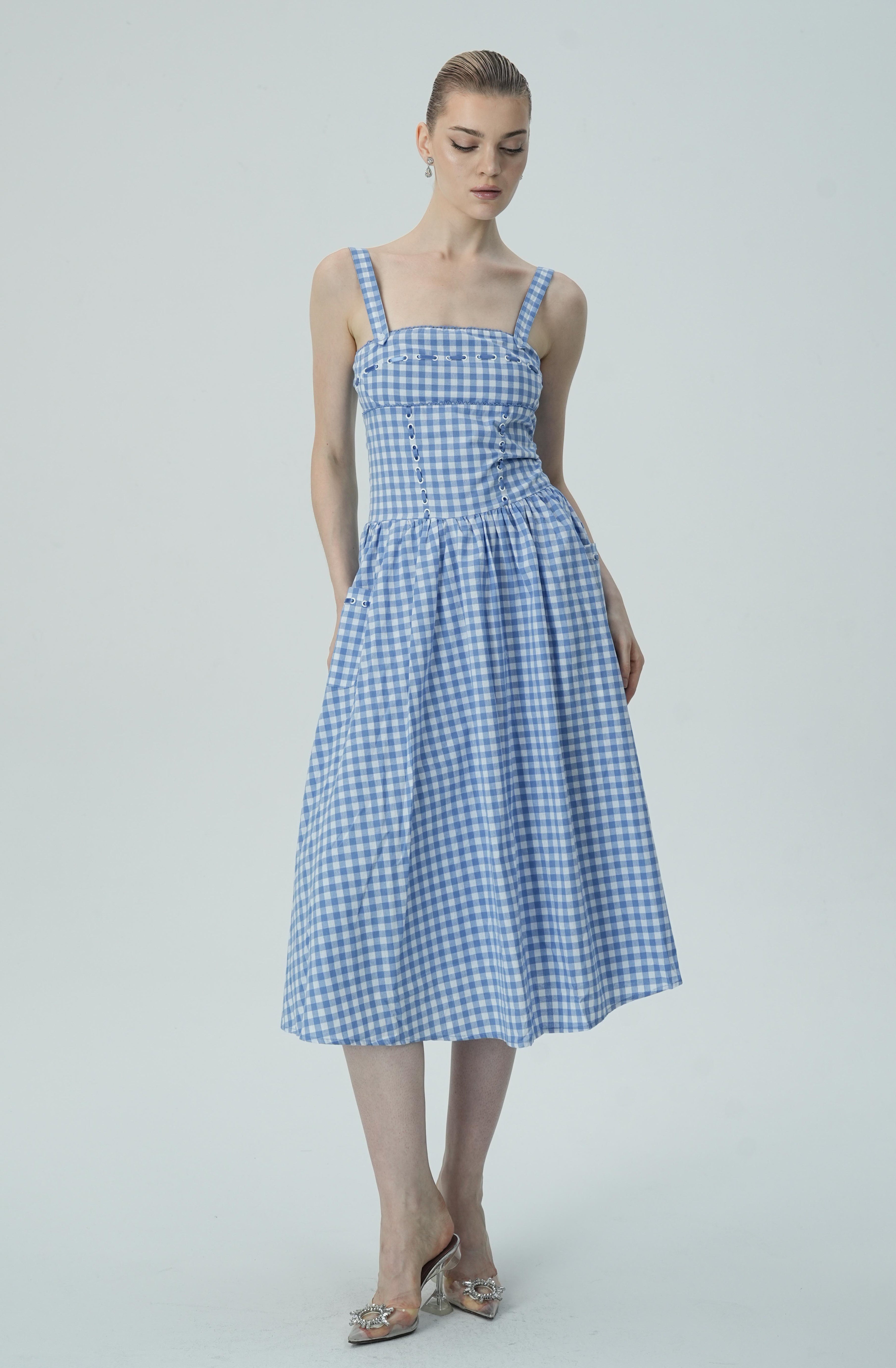 Bağcık Detaylı Mavi Pötikare Midi Elbise