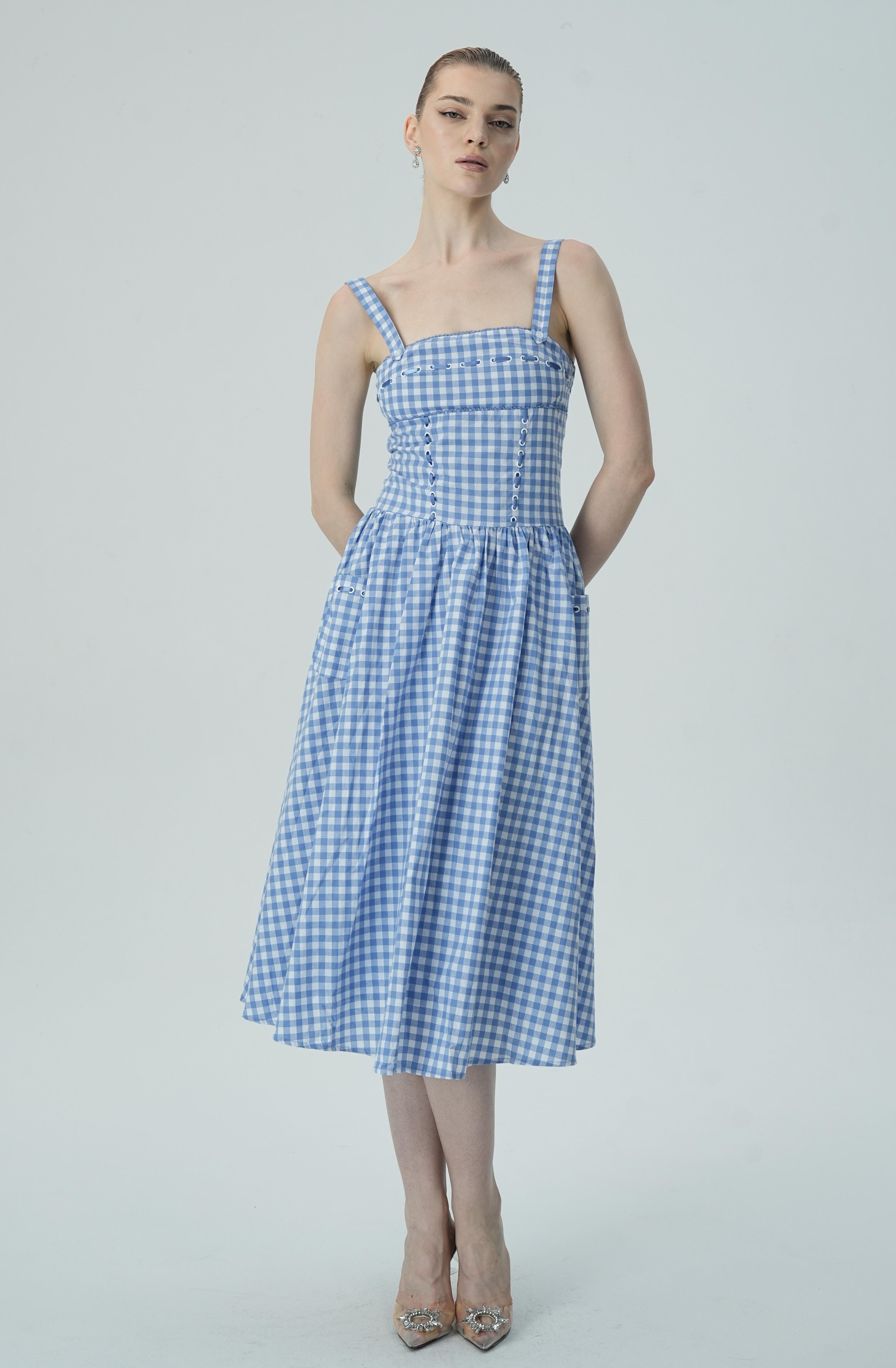 Bağcık Detaylı Mavi Pötikare Midi Elbise