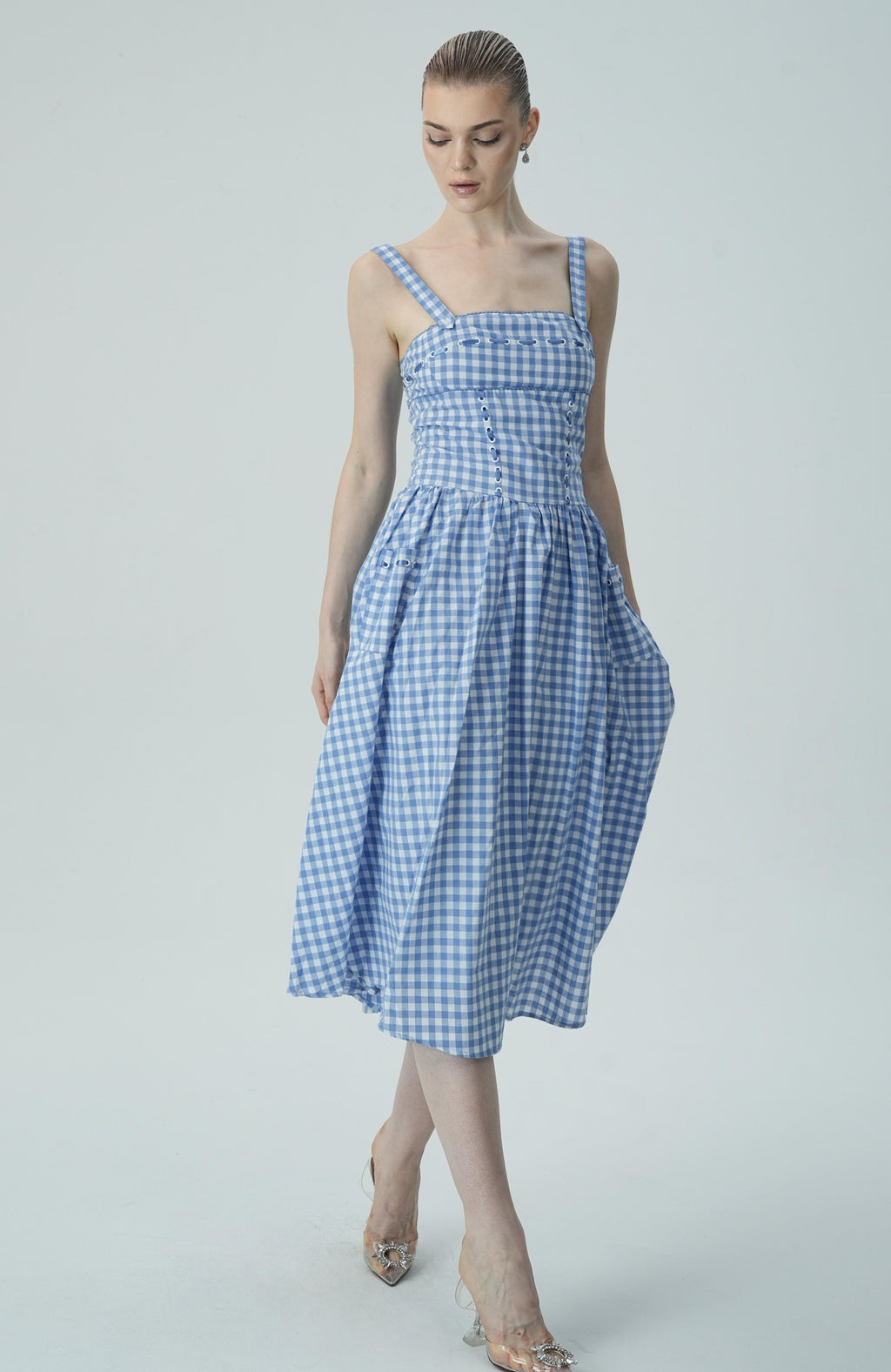 Bağcık Detaylı Mavi Pötikare Midi Elbise