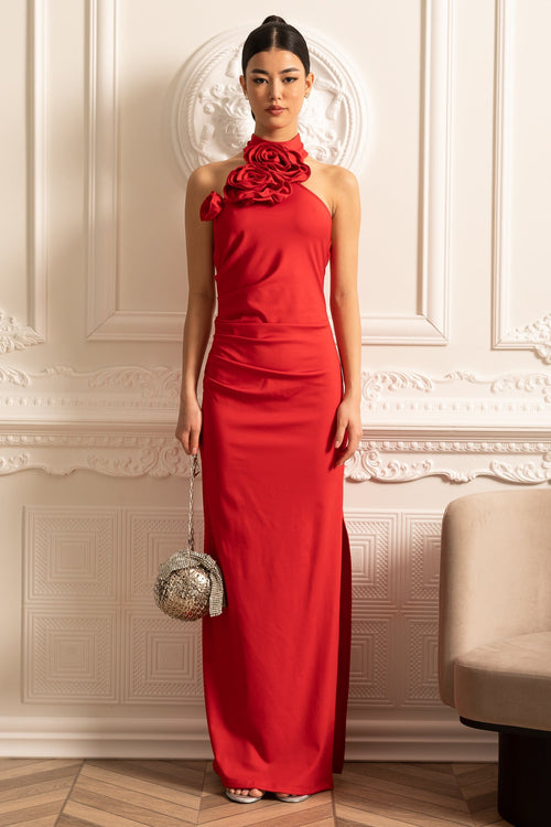 3 Boyutlu Güllü ve Yandan Yırtmaçlı Elbise - Kırmızı