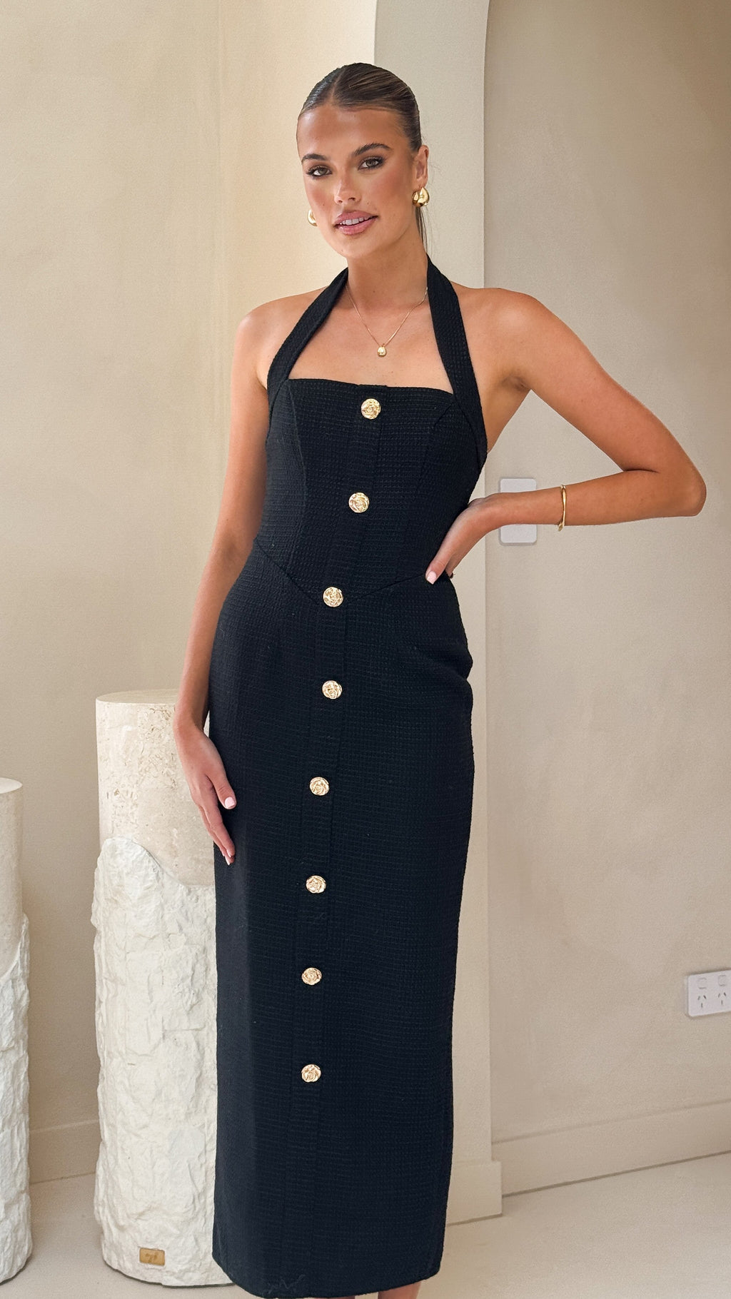 Tierra Düğmeli Midi Elbise - Siyah