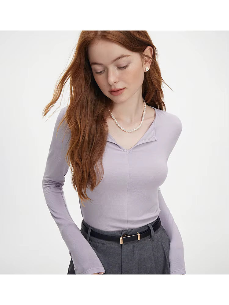 Kadın V Yaka Uzun Kollu Slim Fit Pamuk Kazak