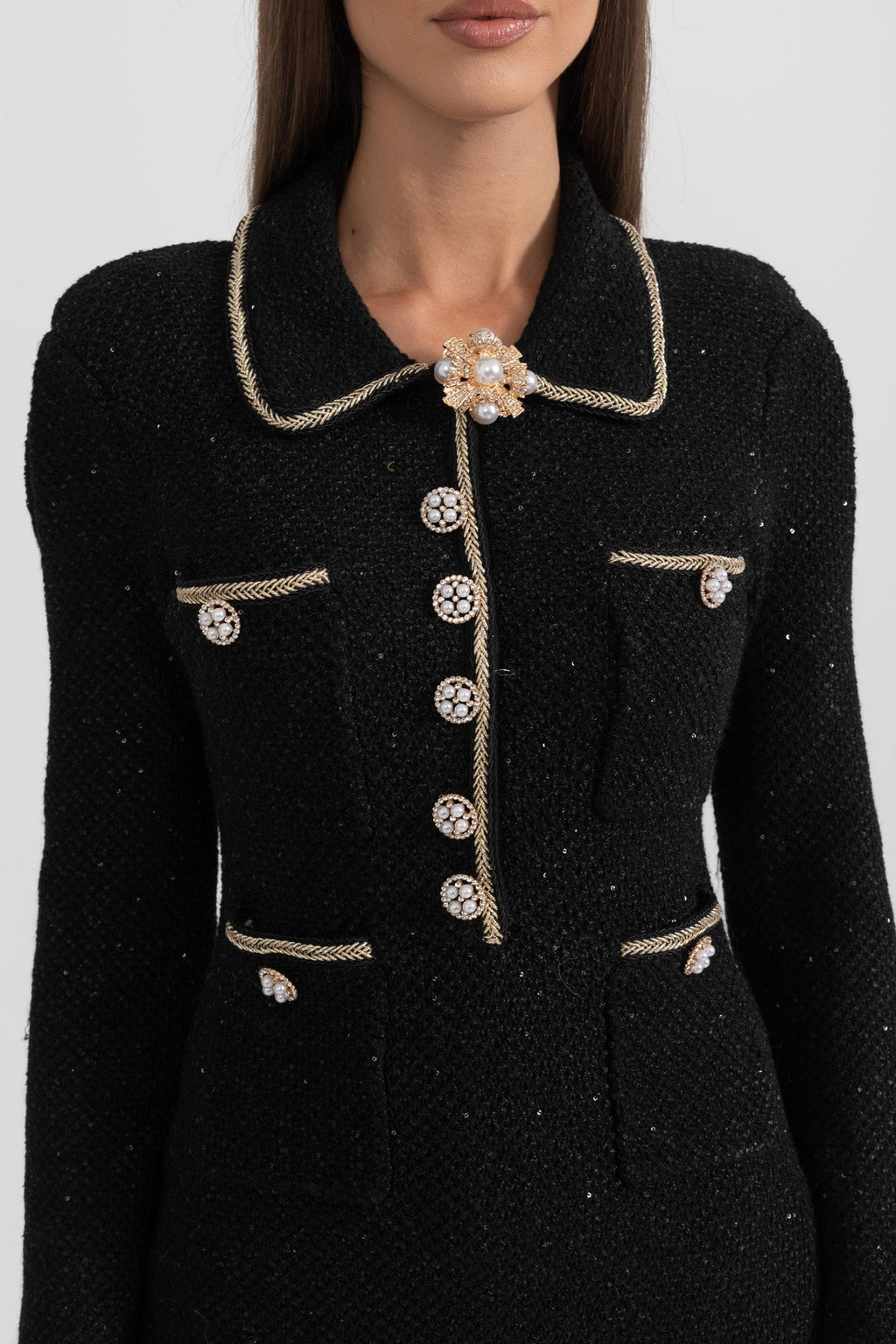 Dokulu Triko Elbise - Siyah