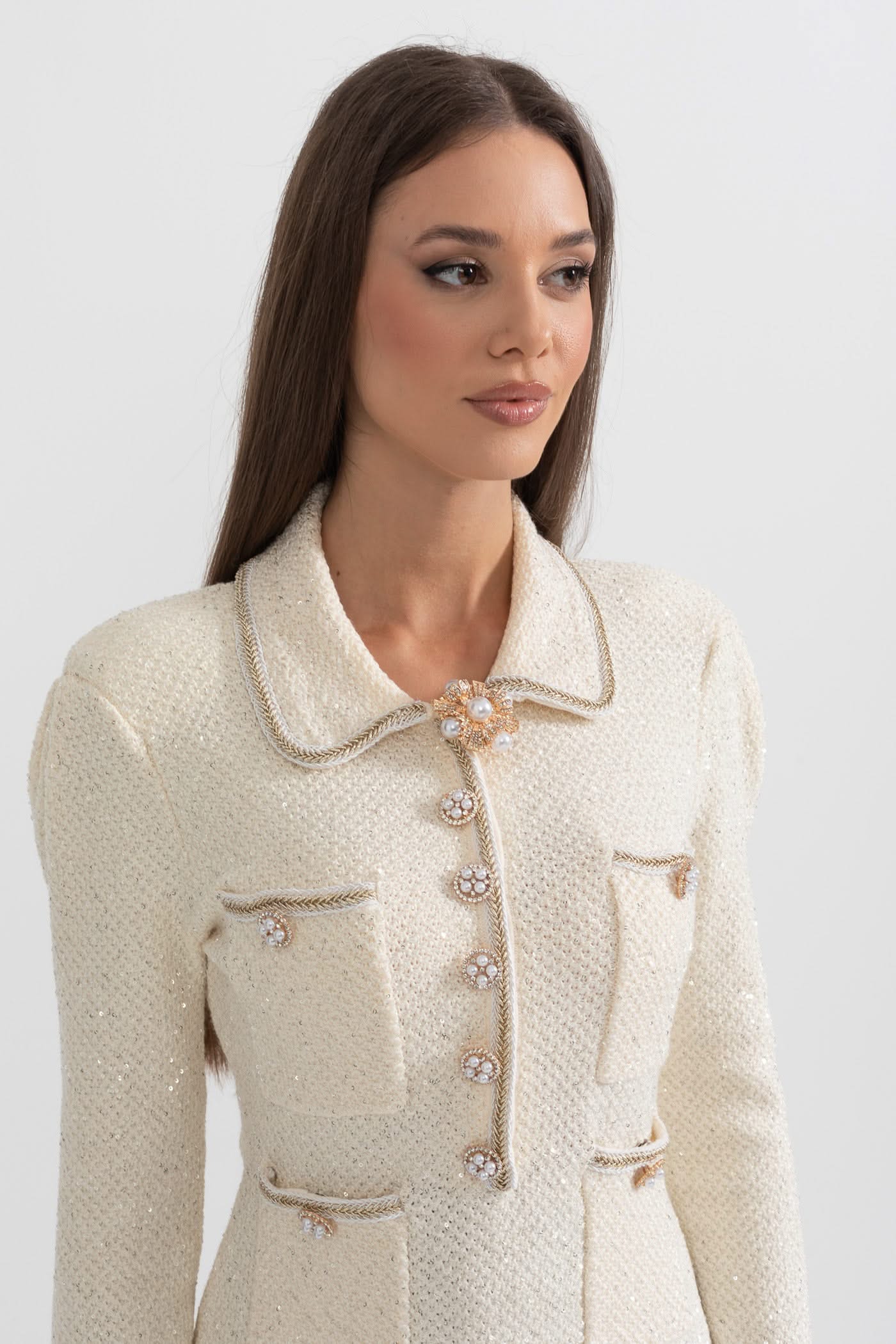 Dokulu Triko Elbise - Krem