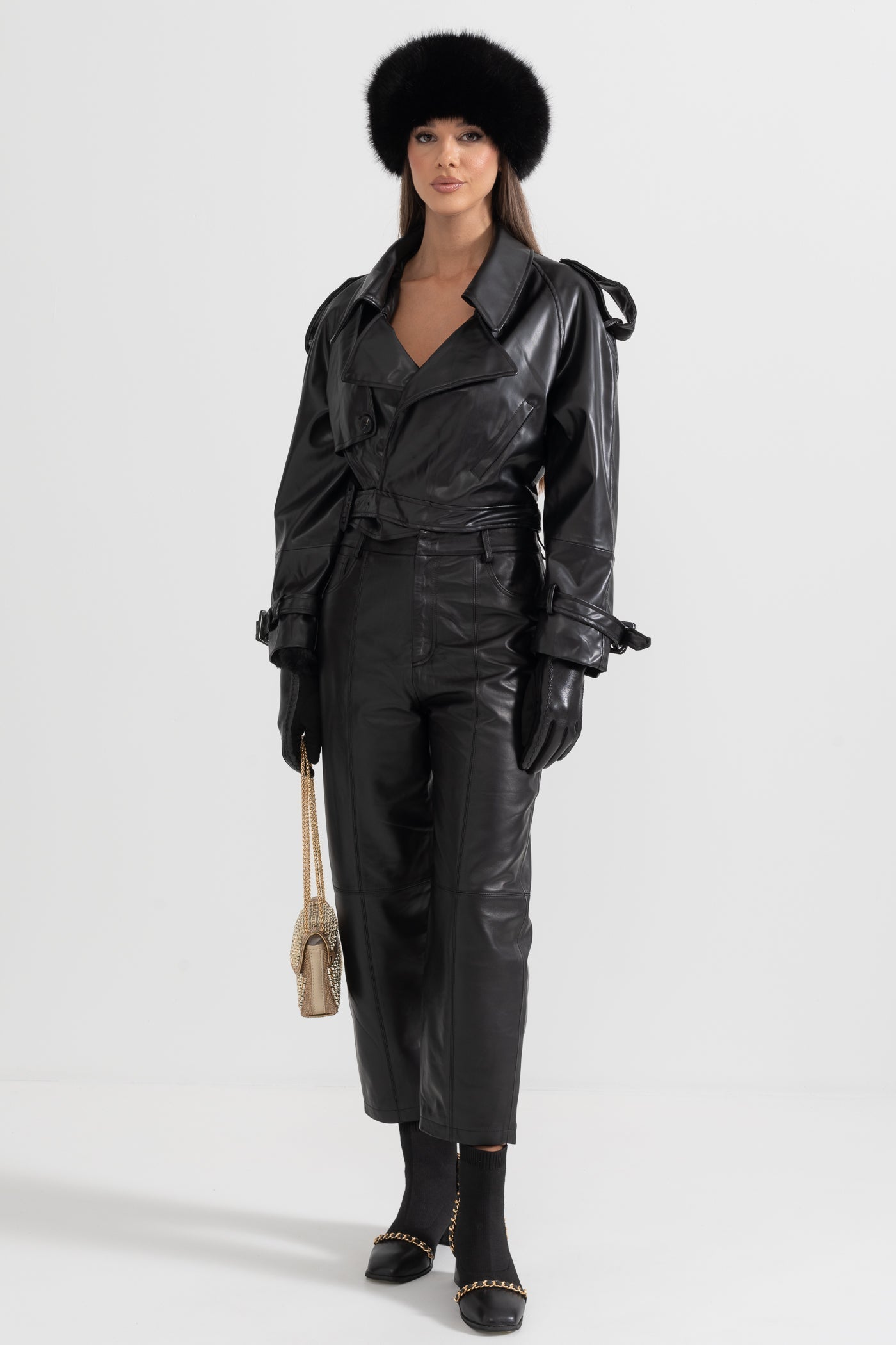 Çift Düğmeli Vegan Deri Ceket