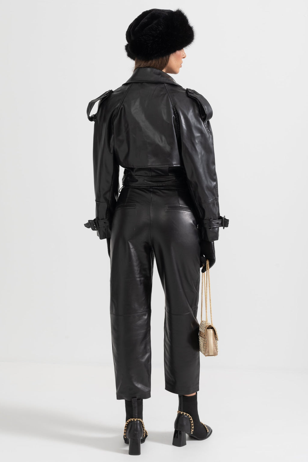 Çift Düğmeli Vegan Deri Ceket