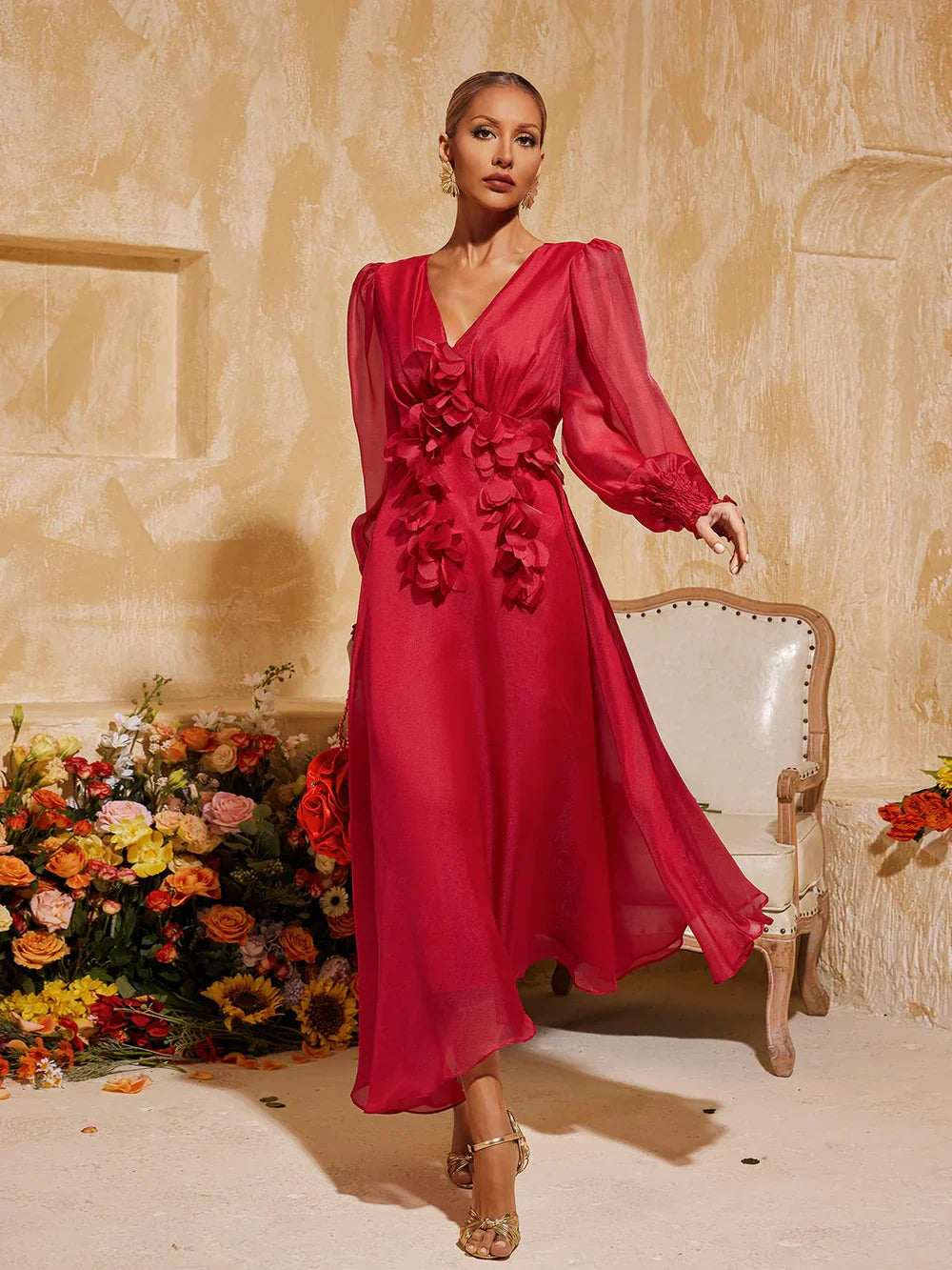 V Yaka Püsküllü Midi Elbise