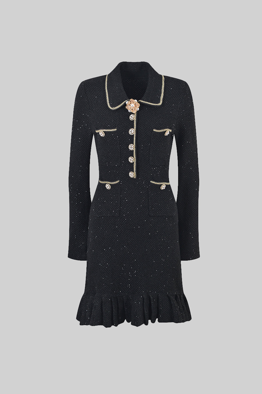 Dokulu Triko Elbise - Siyah