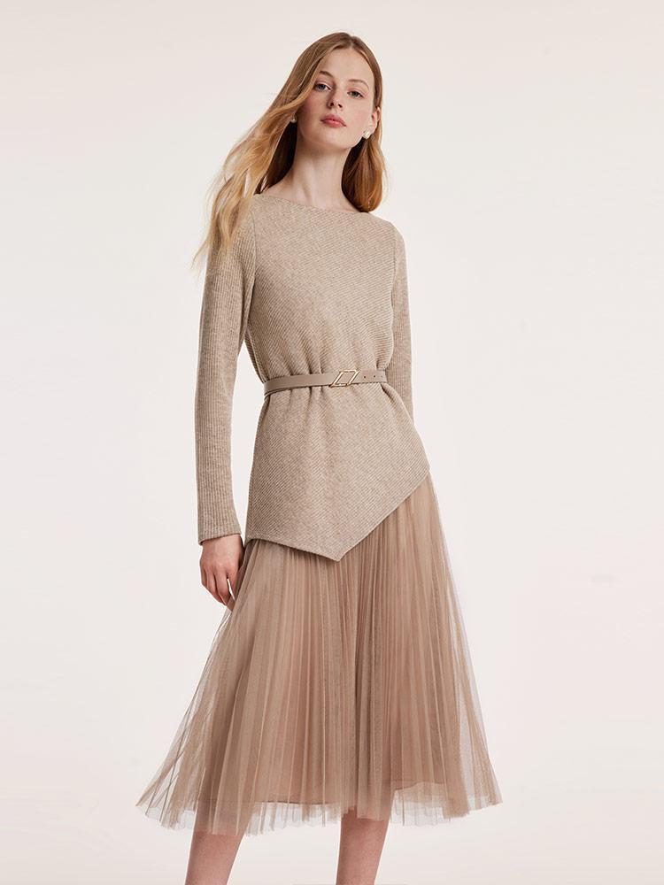 Kemerli Asimetrik Etek Uçlu Üst ve Tül Etek İki Parça Takım