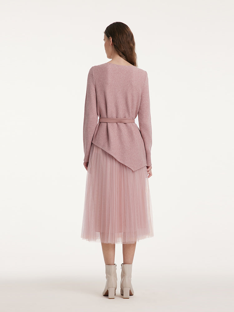 Kemerli Asimetrik Etek Uçlu Üst ve Tül Etek İki Parça Takım