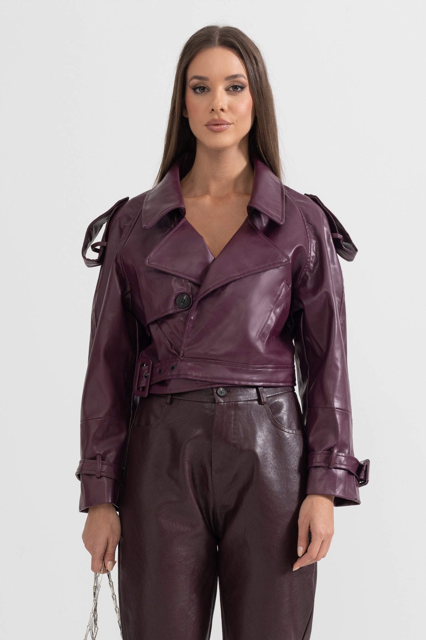 Çift Düğmeli Vegan Deri Ceket