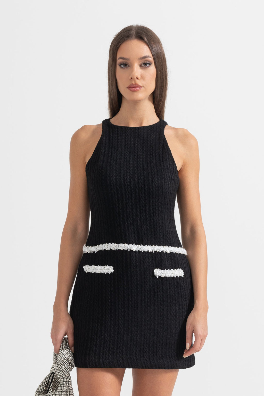 Zarif Kolsuz Dokulu Mini Elbise