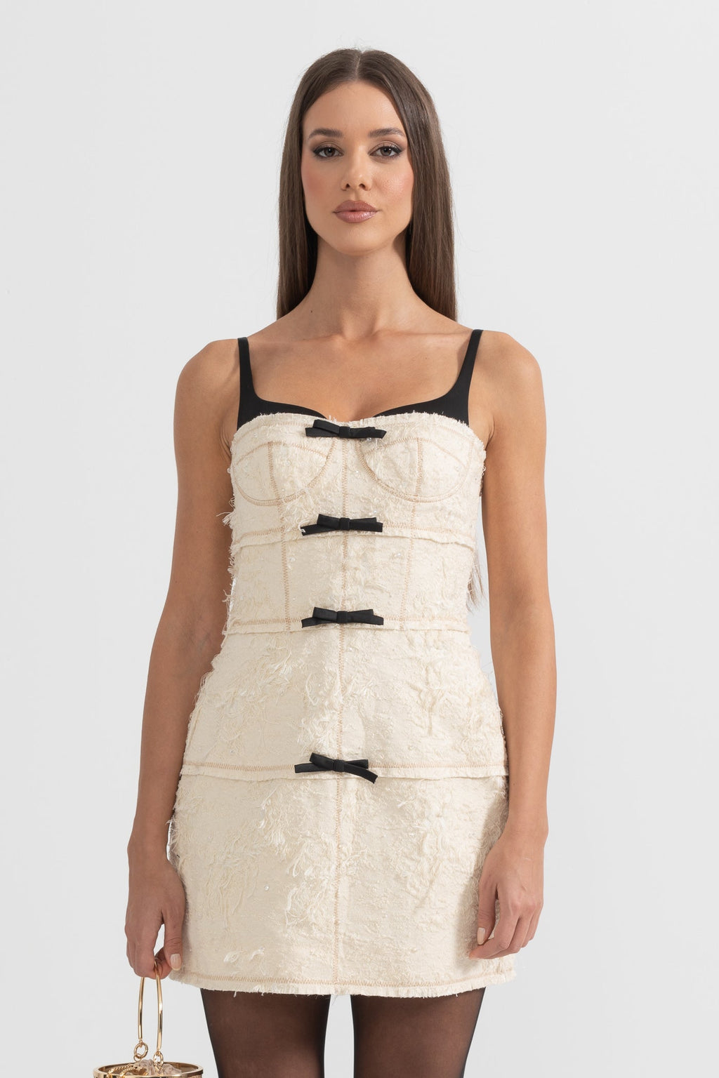 Tüy Benzeri Desenli Kumaşlı Mini Elbise