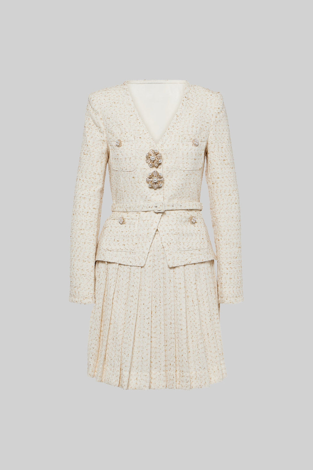 Uzun Kollu Üst ve Eşleşen Pileli Mini Etekli Dokulu Ortak Takım - Ivoire