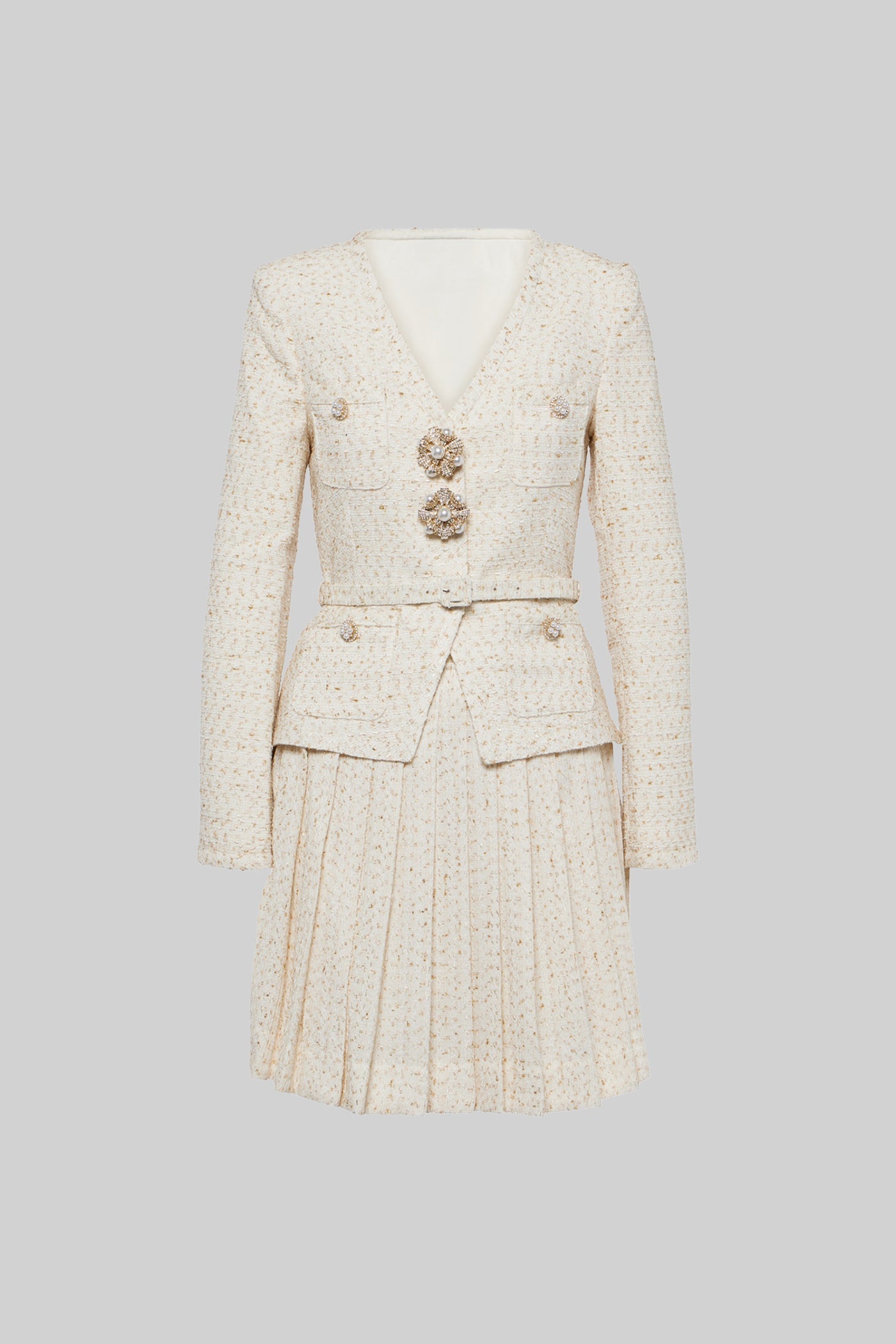 Uzun Kollu Üst ve Eşleşen Pileli Mini Etekli Dokulu Ortak Takım - Ivoire