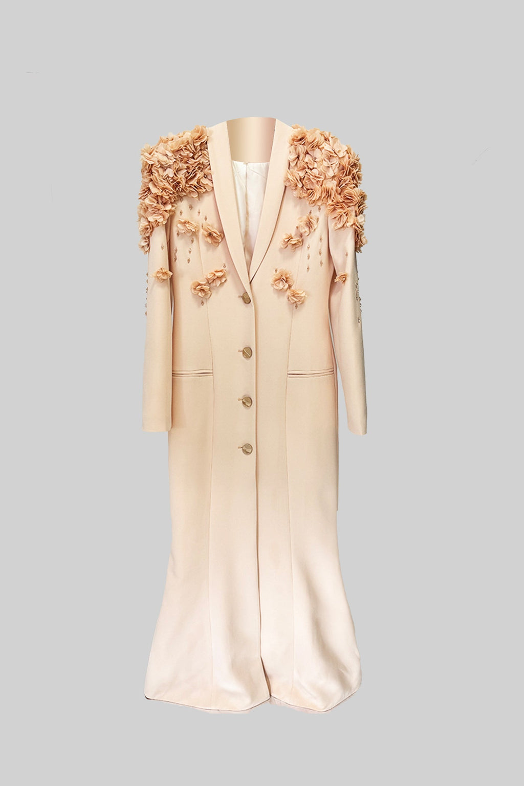 3D Kontrast Çiçekli Omuz ve Sırt Aksesuarlı Uzun Palto - Şeftali