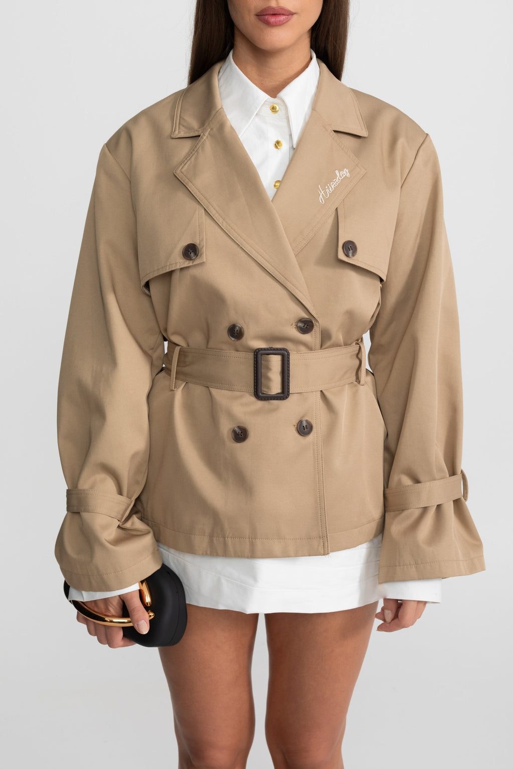 Kemerli Bel Detaylı Kısa Kruvaze Trençkot – Camel