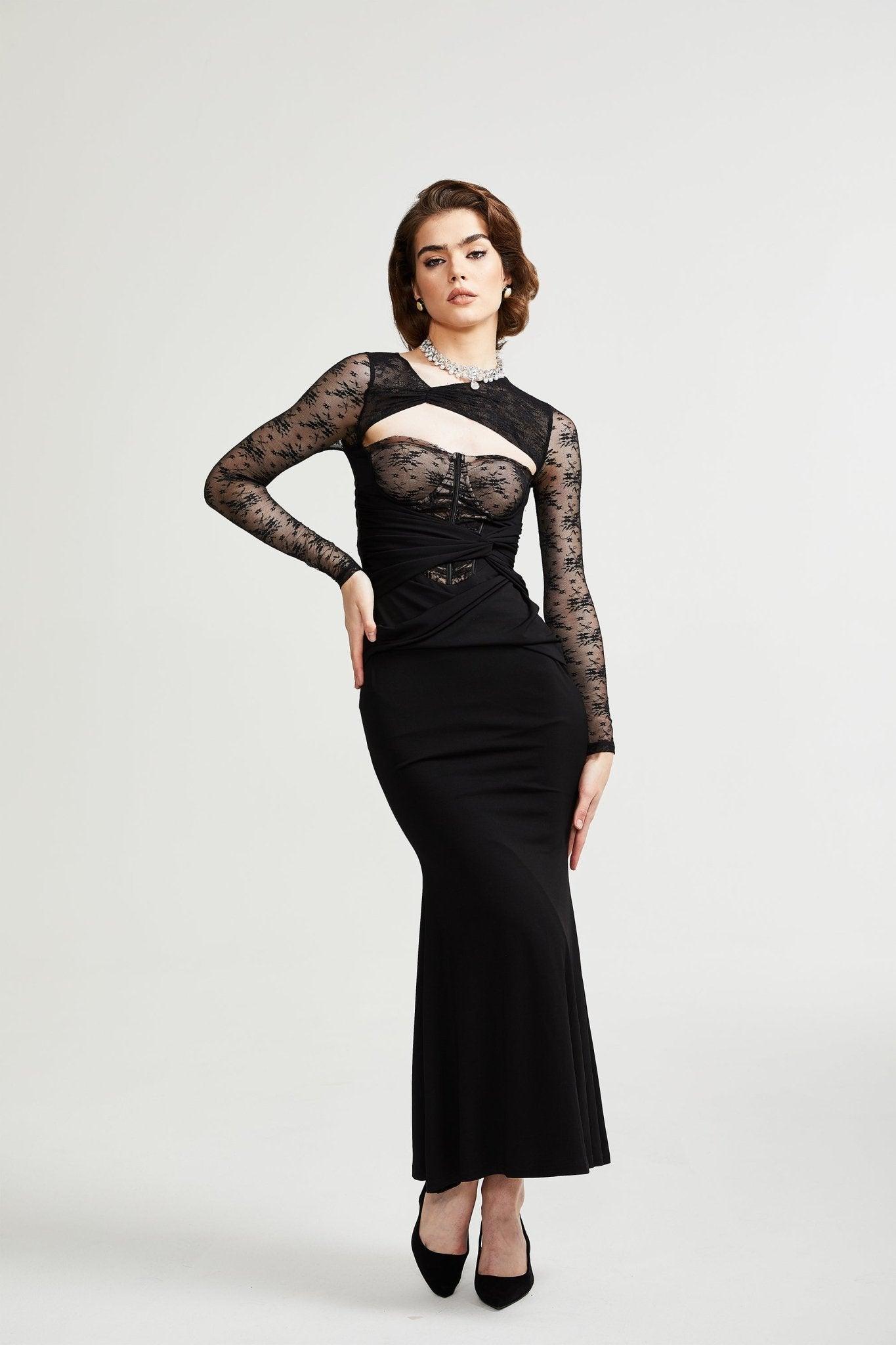 Serena Siyah Dantel Detaylı Elbise